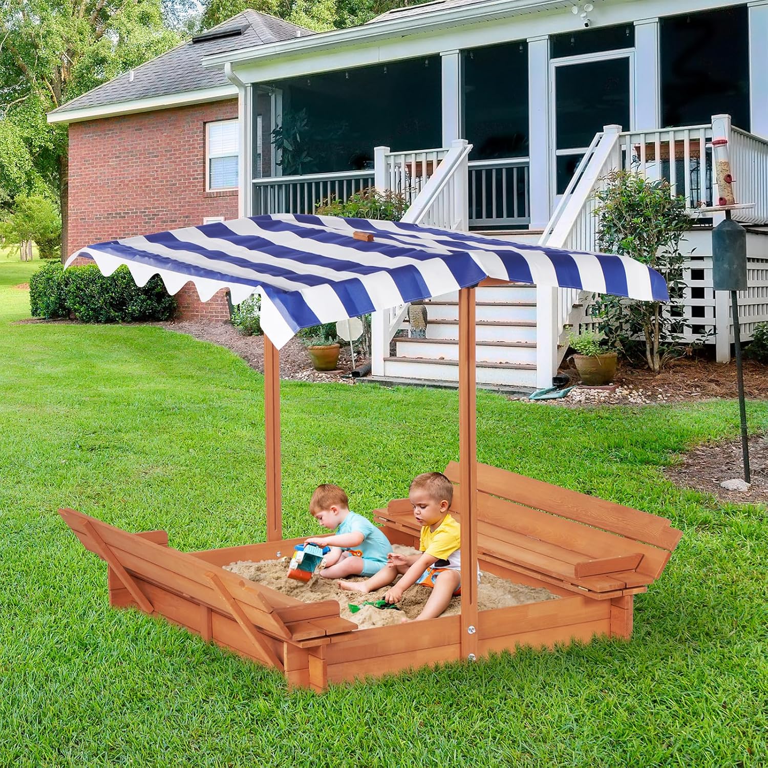 46" Wooden Sandbox with Canopy, Kids Outdoor Sand Box with 2 Foldable Bench Seats, Large Sandpit for Backyard Play, Splinter-Free Design
