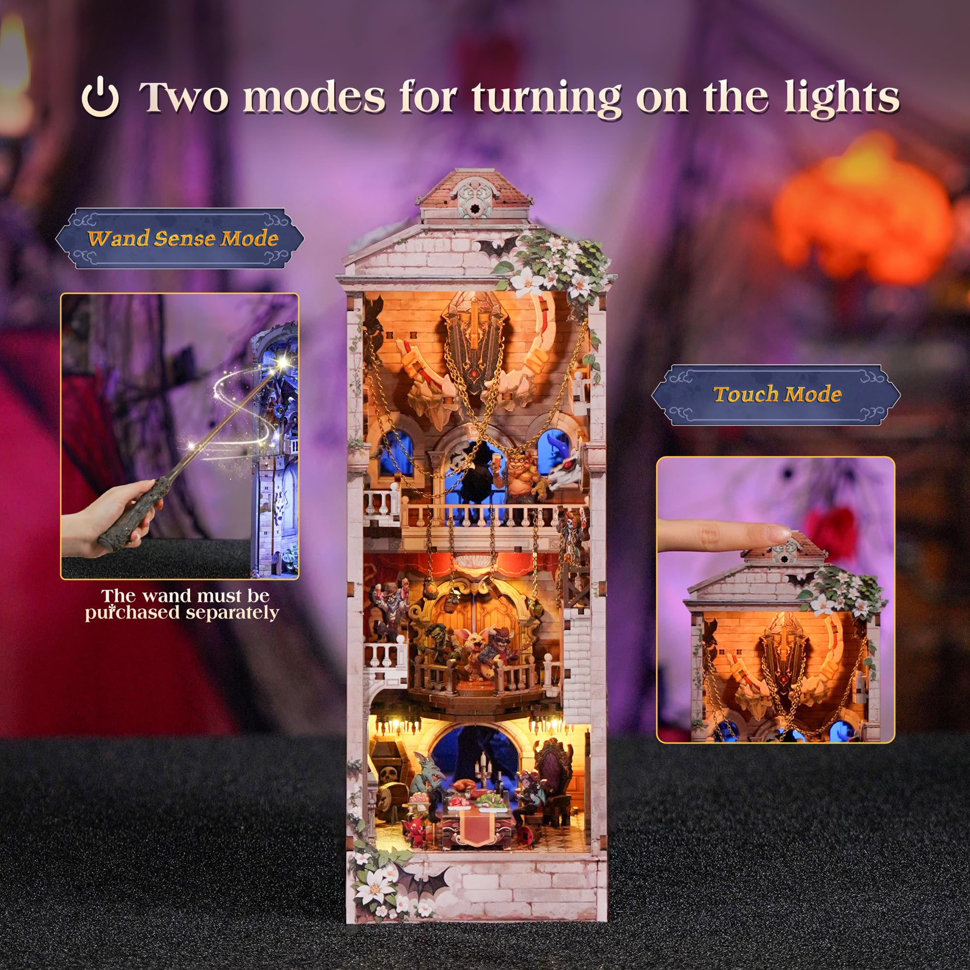 Tonecheer Book Nook Kit 3D, drewniane puzzle DIY, model dla dorosłych, miniaturowy dom ze światłem, uroczy prezent (karnawał potwora)