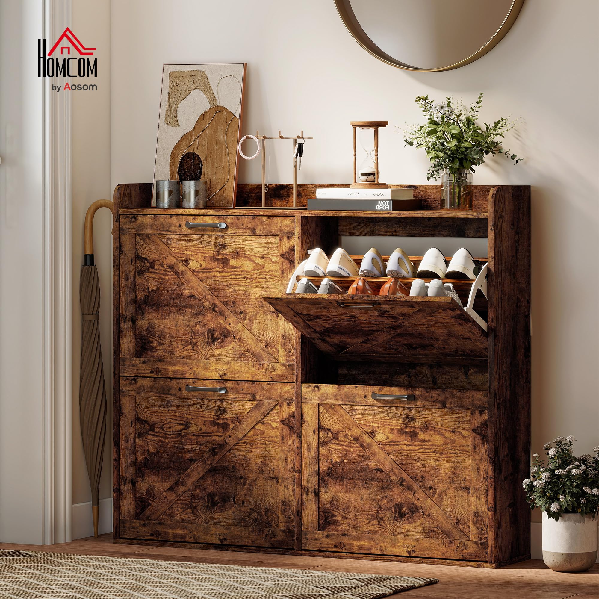 HOMCOM Mueble Zapatero Estrecho 4 Puertas 120x24x103 cm Marrón Rústico | Zapatero, Estantes Ajustables, Estilo Industrial, para 24 Pares de Zapatos, hasta Talla 46, para Recibidor Entrada