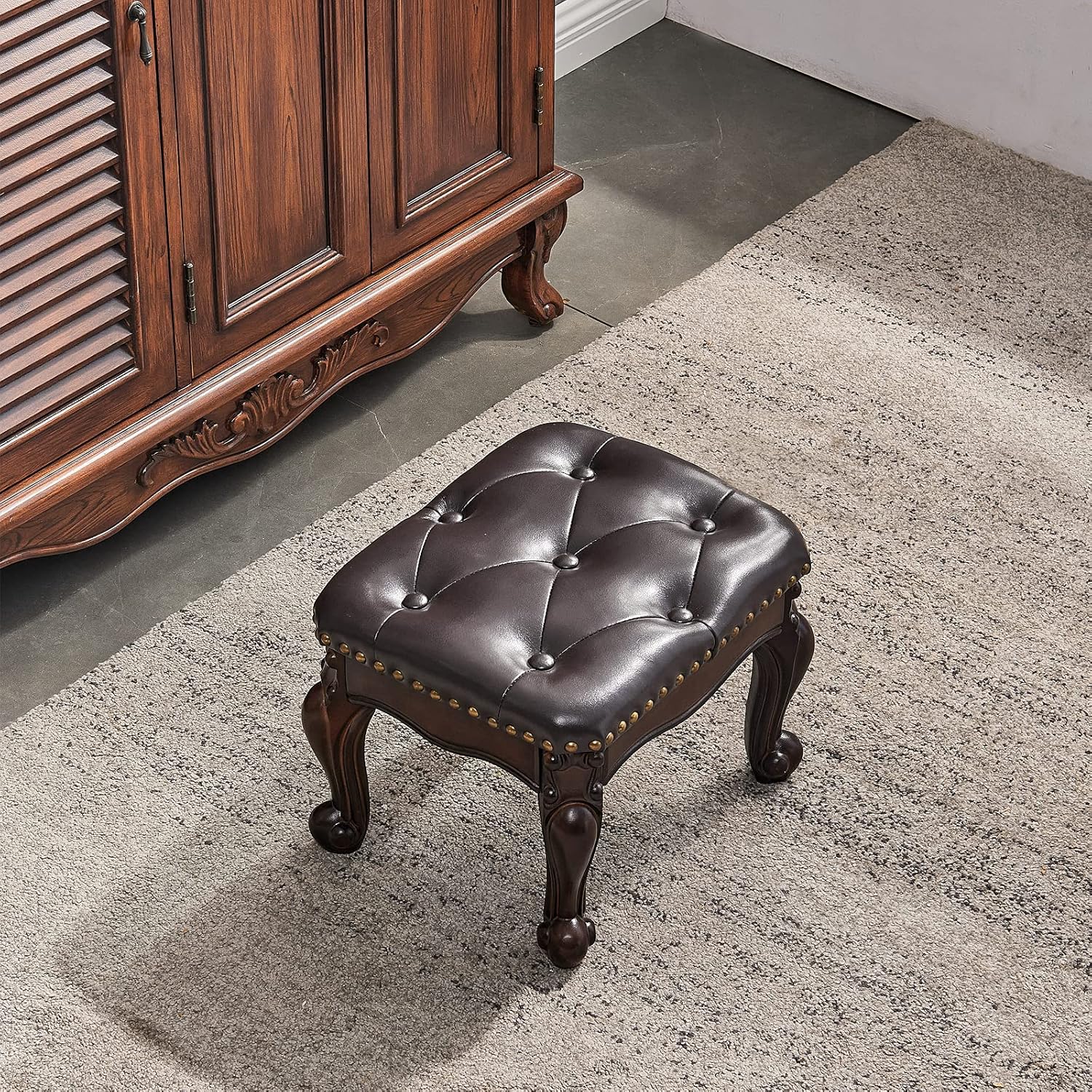 Foot Stool Ottoman Foot Rest Microfiber Leather Upholstered Footstool for Sofa, Living Room, Entryway, Solid Wood Stool (Dark Brown)