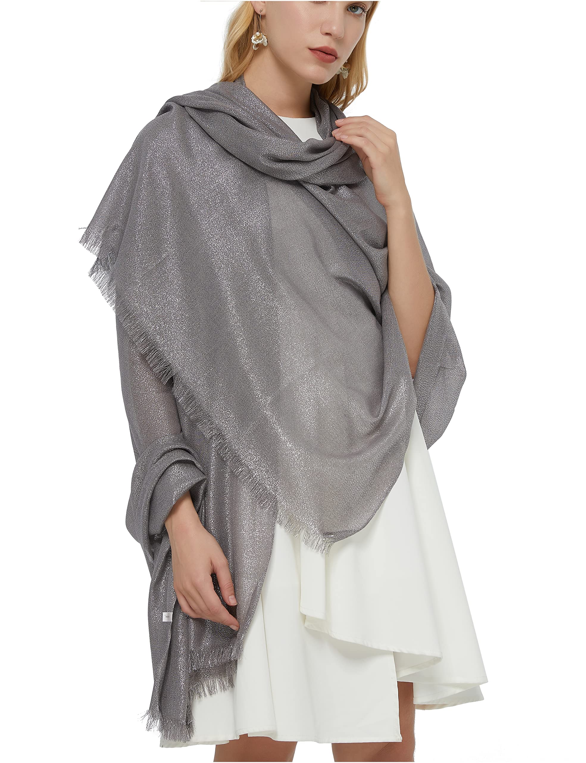 Pantonight Châle De Soirée Étincelant Métallique – Écharpe Mariage Extra Large Gris Clair Argenté, Léger Et Élégant