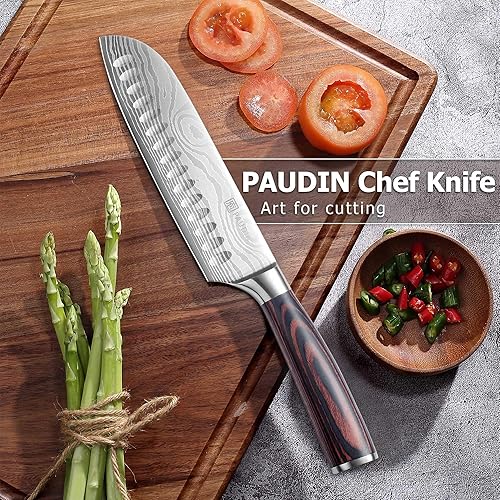 Vista 6 de PAUDIN Cuchillo Santoku, Cuchillo de Cocina de 7 Pulgadas, Filo Ultra Afilado - Acero Inoxidable Alemán Forjado de Alto Carbono, Cuchillo de Chef