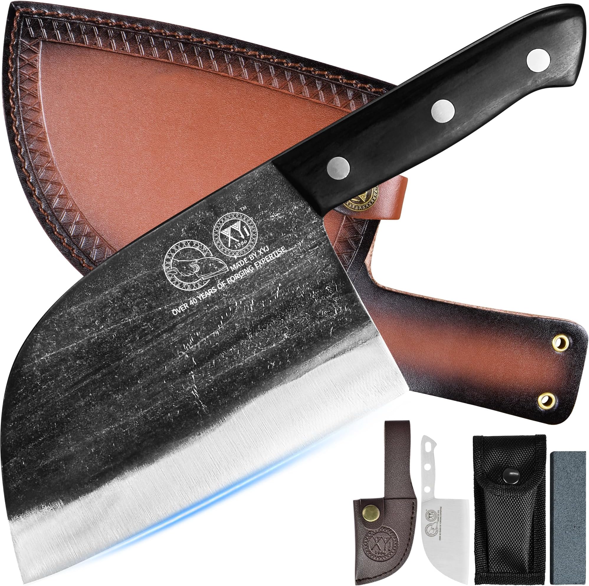XYJ Authentic Since 1986,Outstanding Ancient Forging,6.7 Inch Full Tang,Serbian Chefs Knife,Chef Meat Cleaver,Kitchen Knives,Set with Leather Sheath,Take Carrying,Butcher,High Carbon Glad Steel
