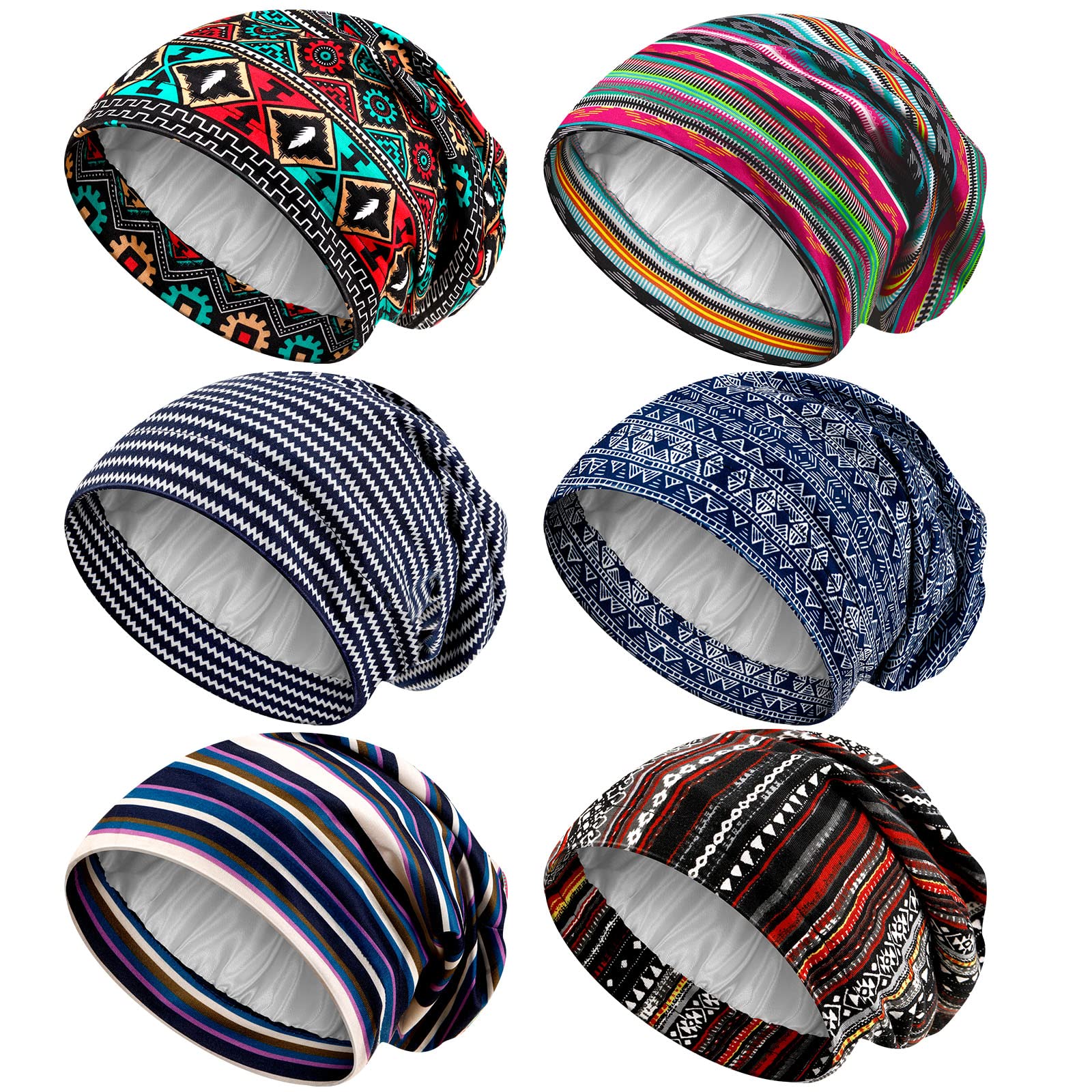 Sintege 6 Pcs Satin Lined Bonnet Sleep Cap for Women Men African Silk Soft Beanie Hair Sleep Wrap for Natural Curly Braids As Shown in The Picture'