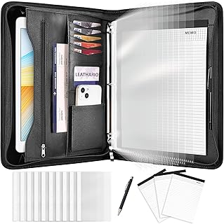Leathario Portfolio Binder, Includes 10 Sheet Protectors and 3 Notepads, 3-Ring Folder Organizer, A4 Padfolio with Zipper,