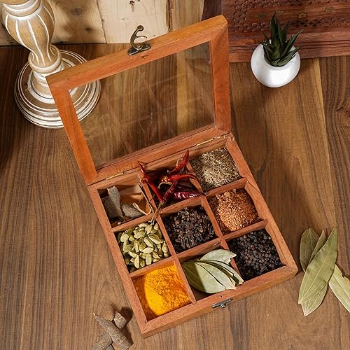 Miniatura 5 de Ajuny Caja de especias de madera de 8 x 8 pulgadas, organizador decorativo de Masala Dabba con tapa de vidrio, 9 compartimentos fijos y cuchara,