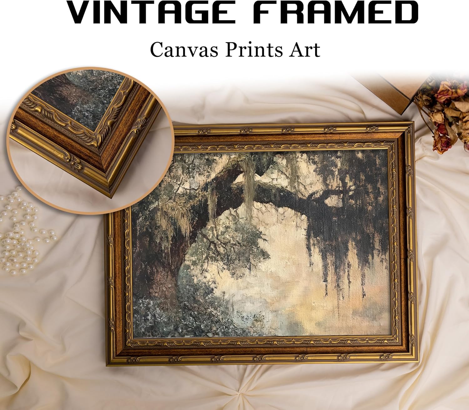 Vintage Gold Framed Vintage Oak Tree Wall Art Retro Landscape Canvas Wall Decor Oak Tree Moss Artwork Picture Retro Rustic Tree Poster Print for Home Living Bedroom Farmhouse Hallway