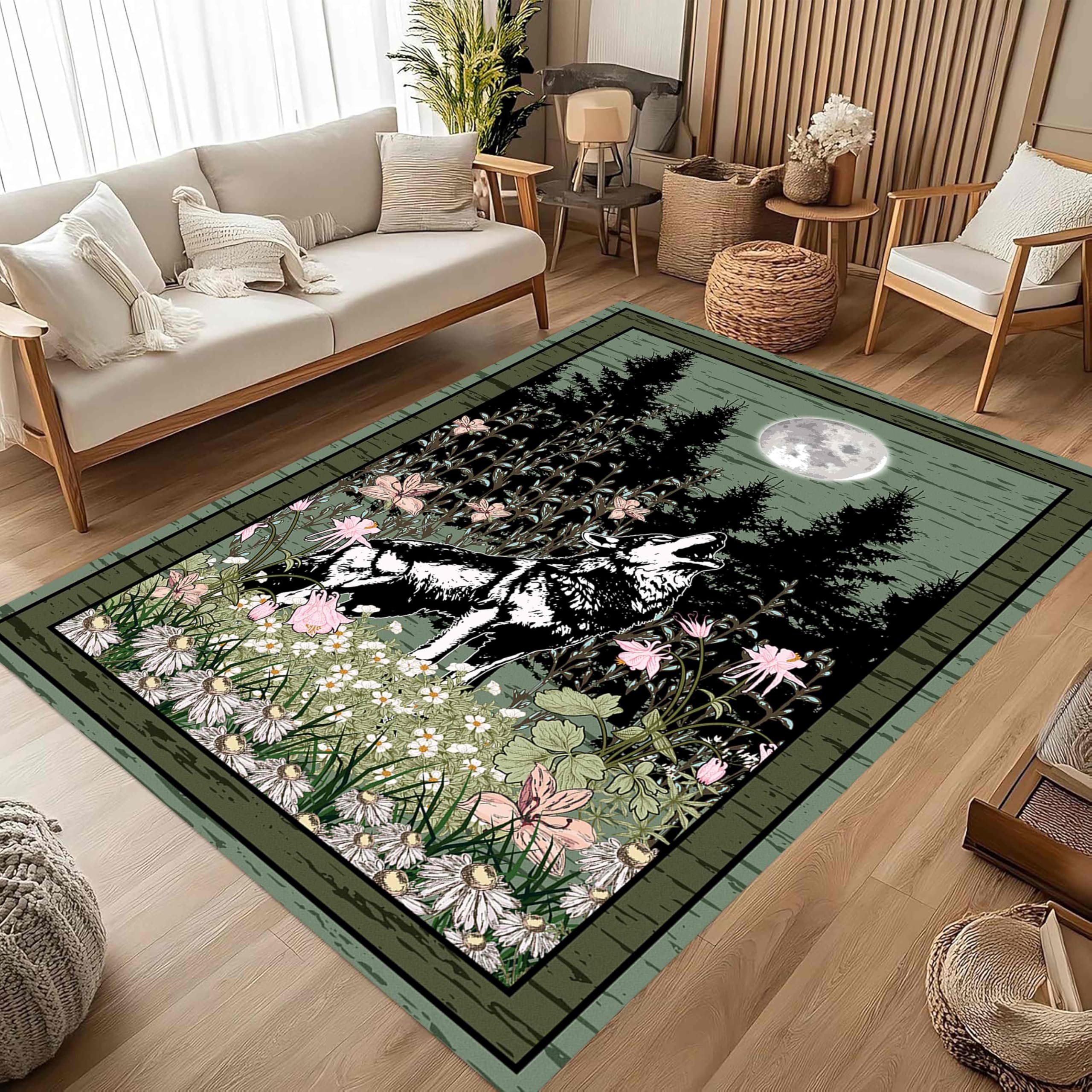 MUOUCTE Wild Animal Rug, 180x300cm, Colorful Flowers With Forest Wolf Moon Green Vintage Distressed Rugs, Ultra-Thin Low Pile Non Shedding Rustic Decor Door Mat for Dining Room Bedroom