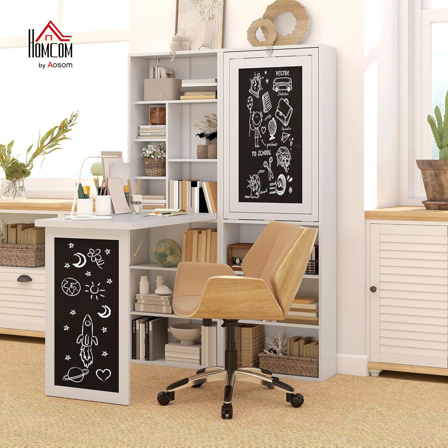 HOMCOM Foldable Convertible Writing Table, Wall Mounted Space-Saving Computer Desk with Chalkboard and Storage Shelves for Small Spaces, Home Office, Bedroom, Dorm, Apartment, White