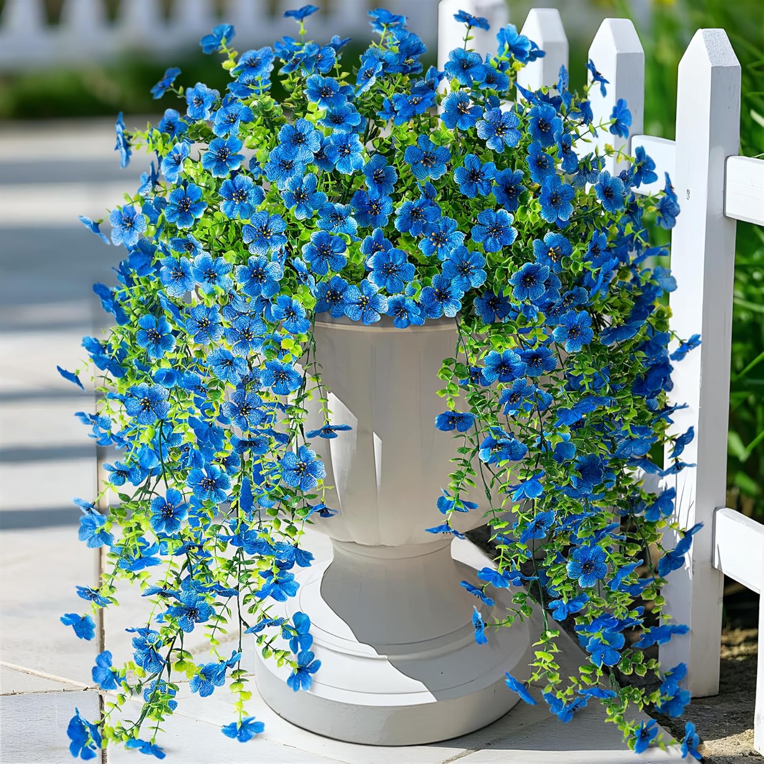 Ammyoo Artificial Hanging Flowers for Outdoors Faux Plants Spring Summer Decoration, 2 Pack Silk Colorful Daisy Realistic Fake Outdoor Flowers UV Resistant Porch Patio Window Yard Decor(Blue)