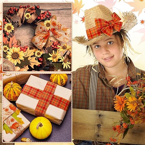 Miniatura 10 de Riceshoot 3 rollos de 30 yardas de cintas con alambre de otoño, cinta de calabaza de búfalo de Acción de Gracias, cinta de cosecha de otoño para