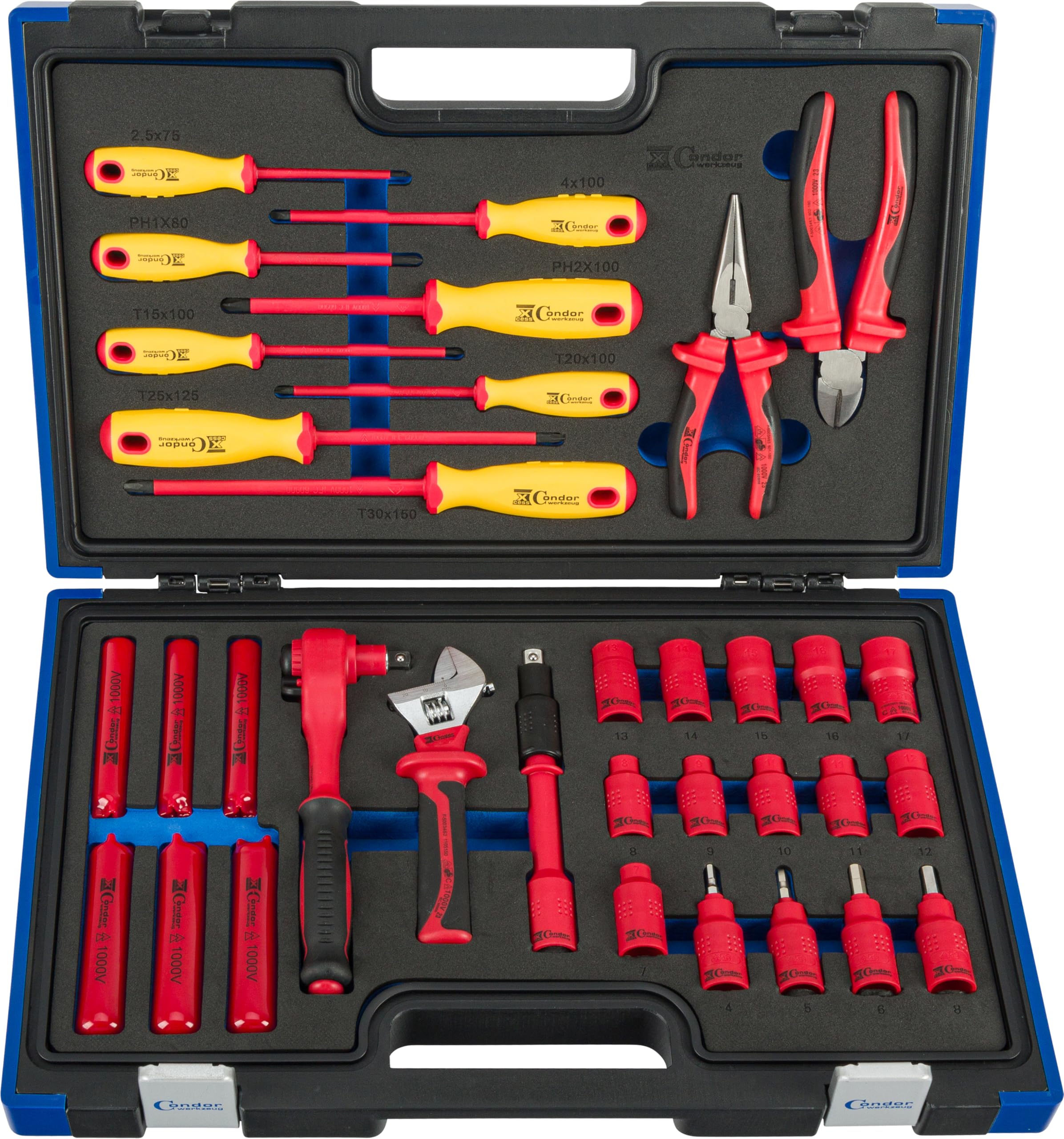 Condor Werkzeug 30034 | VDE Werkzeugkoffer | 34-teilig | 3/8" | für Arbeiten bis 1.000V | ideal für Reparatur- und Wartung von Elektrofahrzeugen | DIN ISO EN 60900 | xcess performance