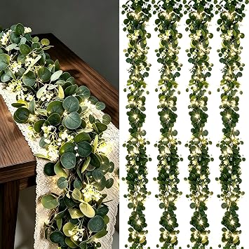 Eucalyptus Garland with Lights, 4 Packs 6FT Green Flower Garland Decor, Artificial Faux Eucalyptus Leaves Greenery Vines for Table Runner Wedding Centerpieces Backdrop Decorations Warm Color