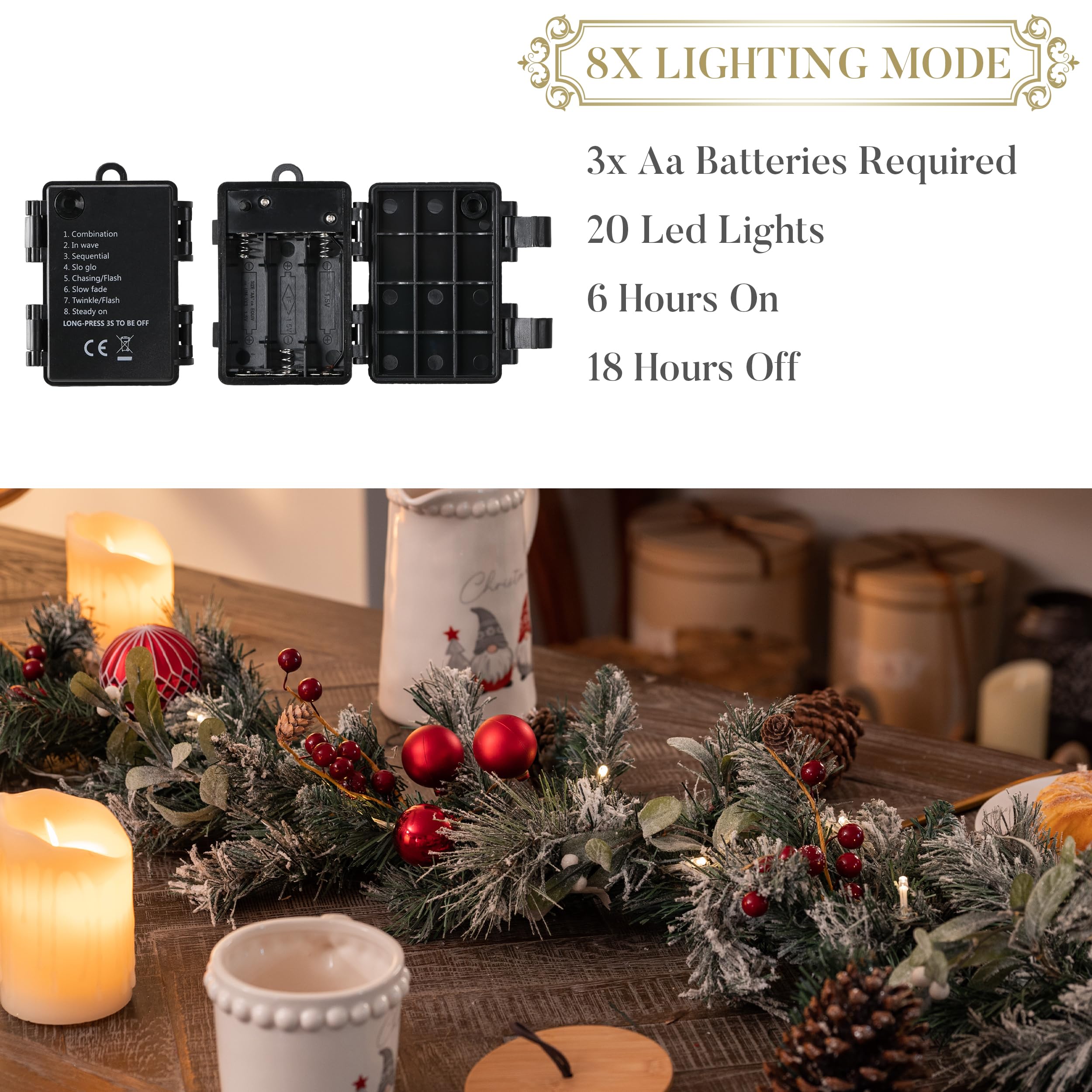 Valery Madelyn 6ft/183cm Pre-Lit Guirnalda de Navidad, Rojo Blanco 20 Luces LED 8 Modos, Base de Ratánl, Adornos de Bolas, Bayas, Decoración de Navidad para Hogar, Ventana, Puerta, Pared (Tradicional)