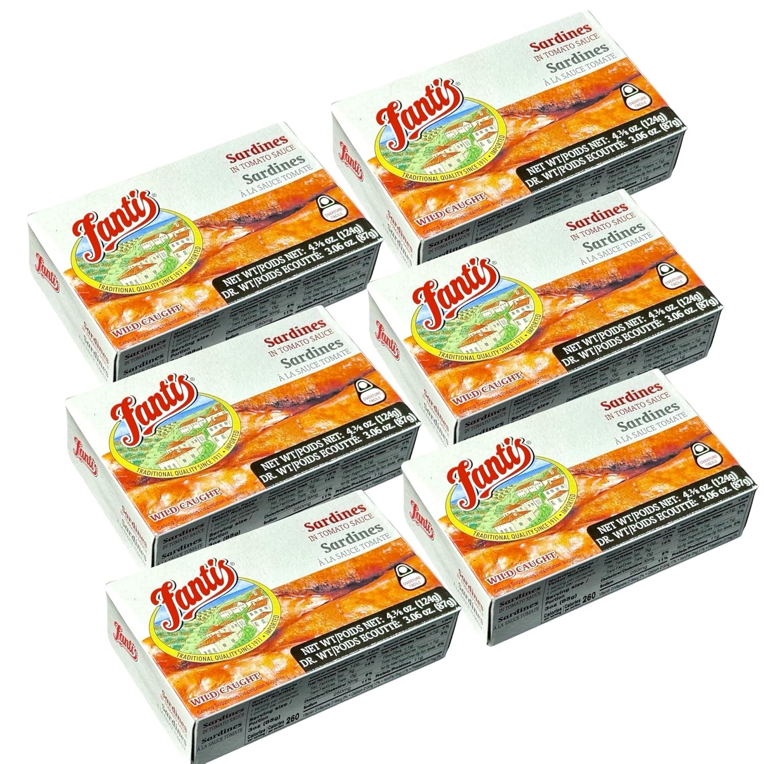 Fantis – Sardines in Tomato Sauce – Wild-Caught Spanish Style Sardines, Gourmet Canned Seafood, Keto-Friendly, High Protein, Ready to Eat Snack, 4.375 oz, Pack of 6