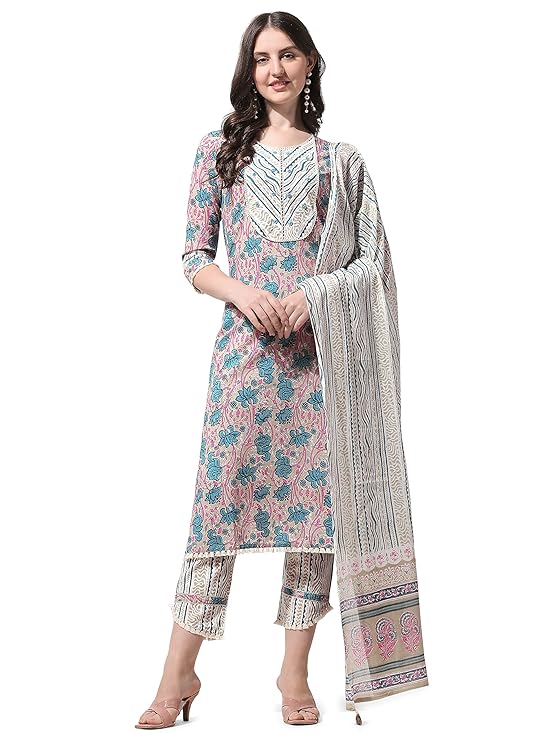MIRCHI FASHION Women’s Straight Fit Cotton Floral Printed and Embellished Kurta Set with Trouser Pant and Dupatta – Cream, Blue