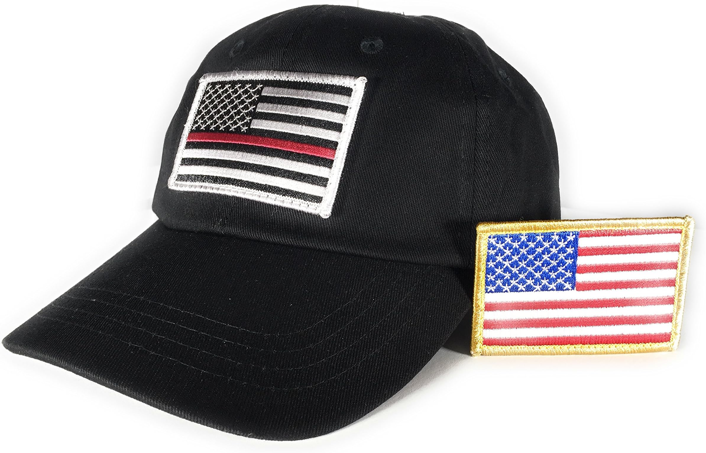 Tactical Thin Red Line Patch and Full-Color American Flag Hook/Loop Patches with Black Operator Cap