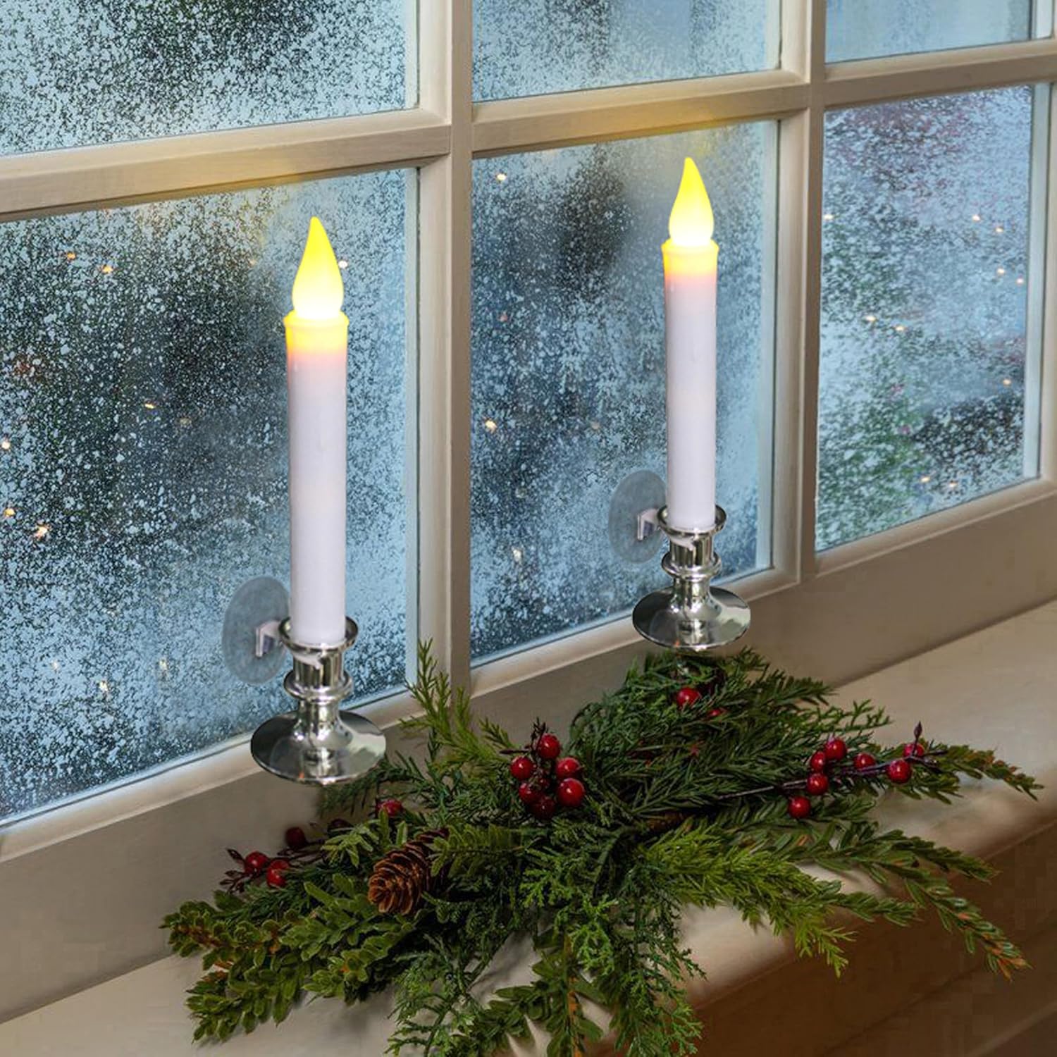 CVHOMEDECO. Window Candles with Suction Cups, Battery Operated LED Taper, Auto On/Off, Removable Silver Base, Flickering Warm Orange Flameless Lights Decor. (4 Pack)