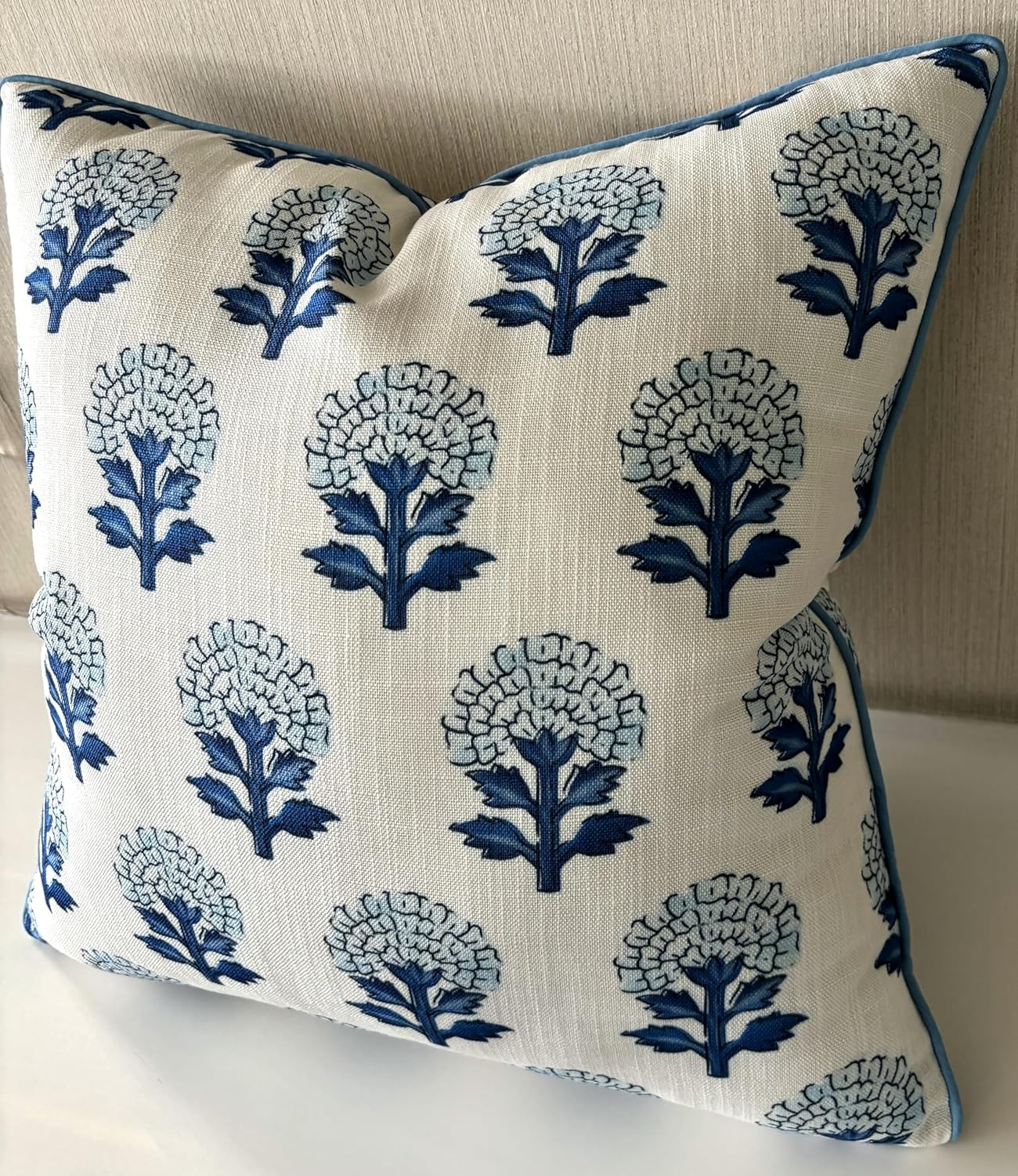 Blue Botanical Print Throw Pillow Cover - 20x20 Inch Cotton Blend - Babur Floral