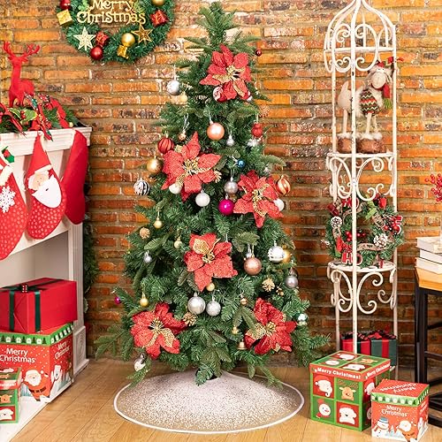 Miniatura 7 de HOHOTIME Falda de árbol de Navidad de arpillera, tapete de 30 pulgadas con patrón de nieve de punto de copo de nieve con purpurina para falda de