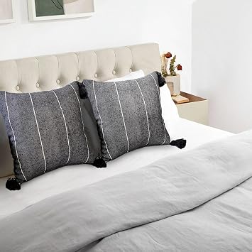 Fezcrafts Egyptian Cotton Pom Pom Pillow case Pillow Covers for Living Room Bedroom Boho Design Vintage Berber Bohemian Eclectic Geometric Throw Pillows 24x24, Dark Grey & Deep Blue Pom Pom