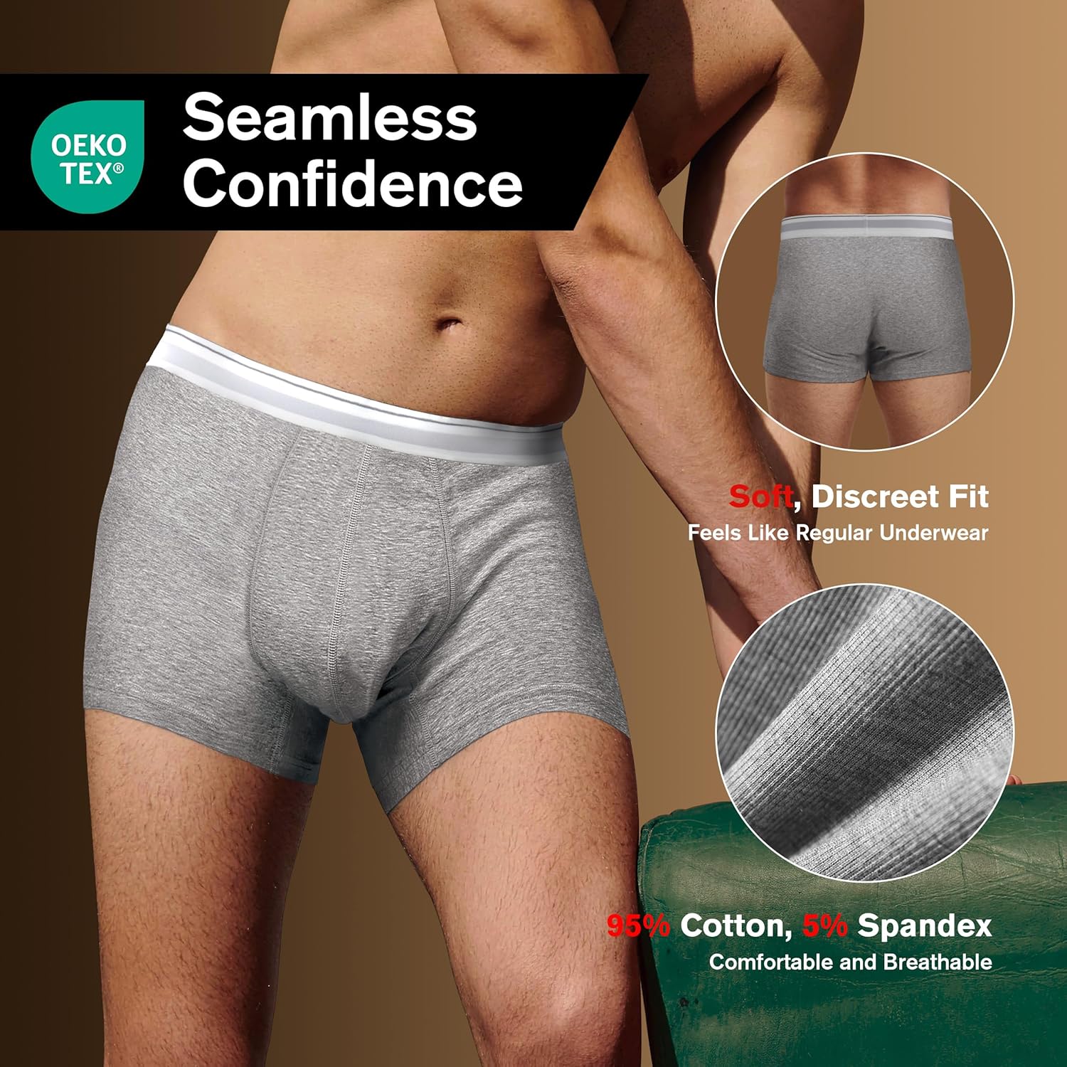 Men’s Incontinence Underwear 2.3 oz Absorbency Protection Adult Leak Proof Boxer Briefs Washable Bladder Leakage Cotton 3 Pack (3 Light Gray, M) - Image 6