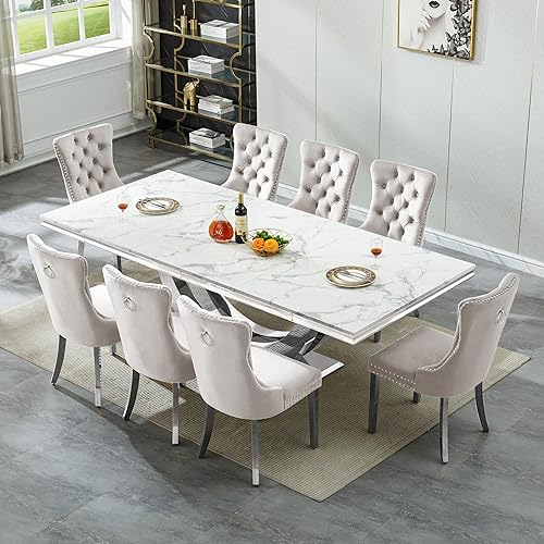 Juego de mesa de comedor de mármol de 9 piezas para mesa de comedor grande de mármol blanco de 8 y 94 pulgadas con base de acero inoxidable en forma