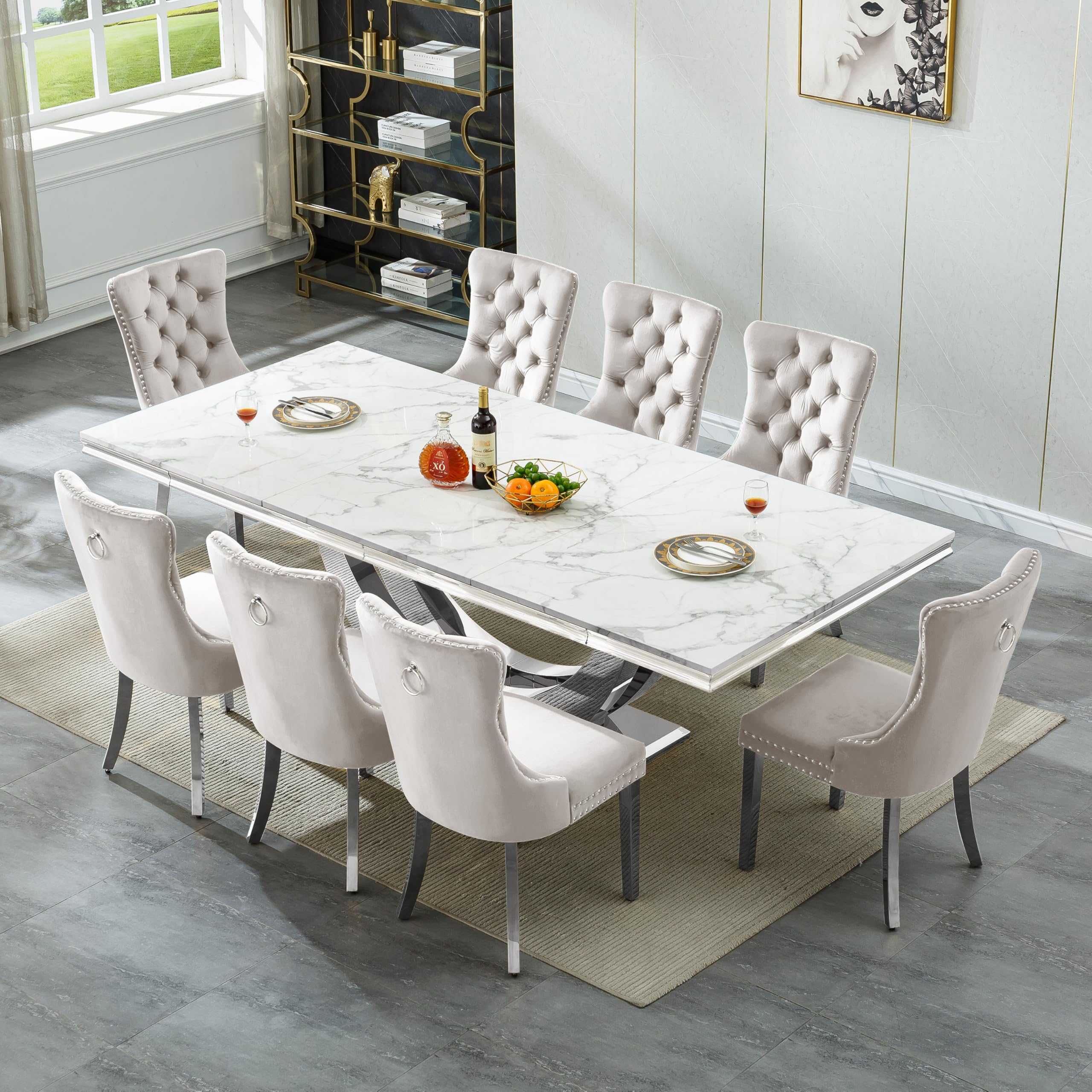 94.5" Large Marble Dining Table Set for 8, Luxury White Silver Kitchen Table with 8 Beige Velvet Dining Chairs, Modern Fuax Marble 9-Piece Dining Room Table Set for 8 w/Stainless Steel U-Base
