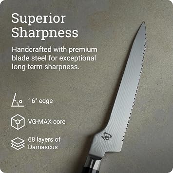 Shun Classic 8.25 Offset Bread Knife, Handcrafted Japanese Serrated Knife for Professional and Home Chefs, VG-MAX Core with Damascus Stainless Steel Cladding, Pakkawood Handle