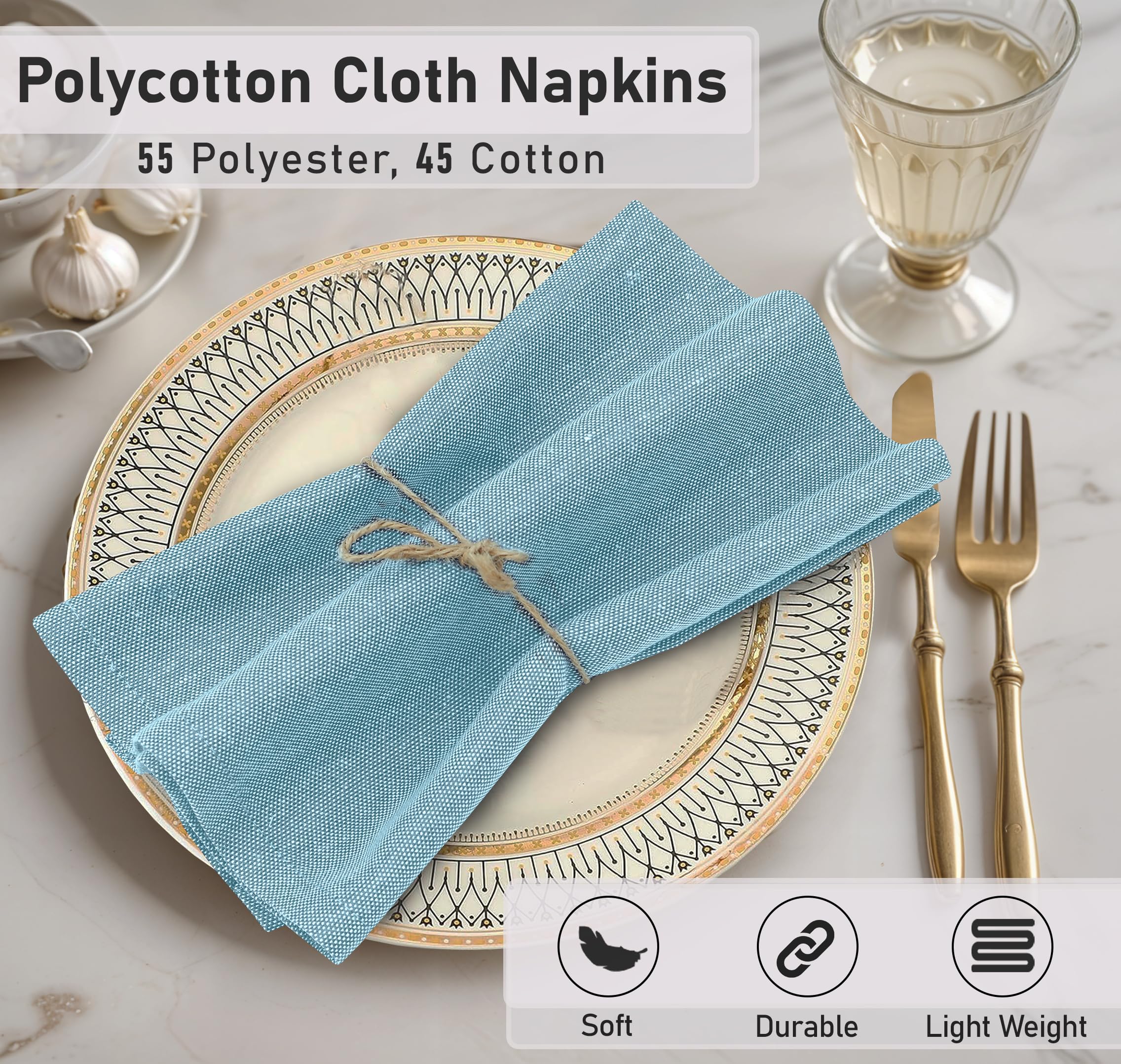 Ruvanti Set di Tovaglioli di Stoffa da 12 Pezzi, 45,7 x 45,7 cm, Tovaglioli di Stoffa Lavabili, Morbidi e Durevoli, Tovaglioli di Policotone per Cene, Feste, Ringraziamento e Matrimoni - Blu Bimbo