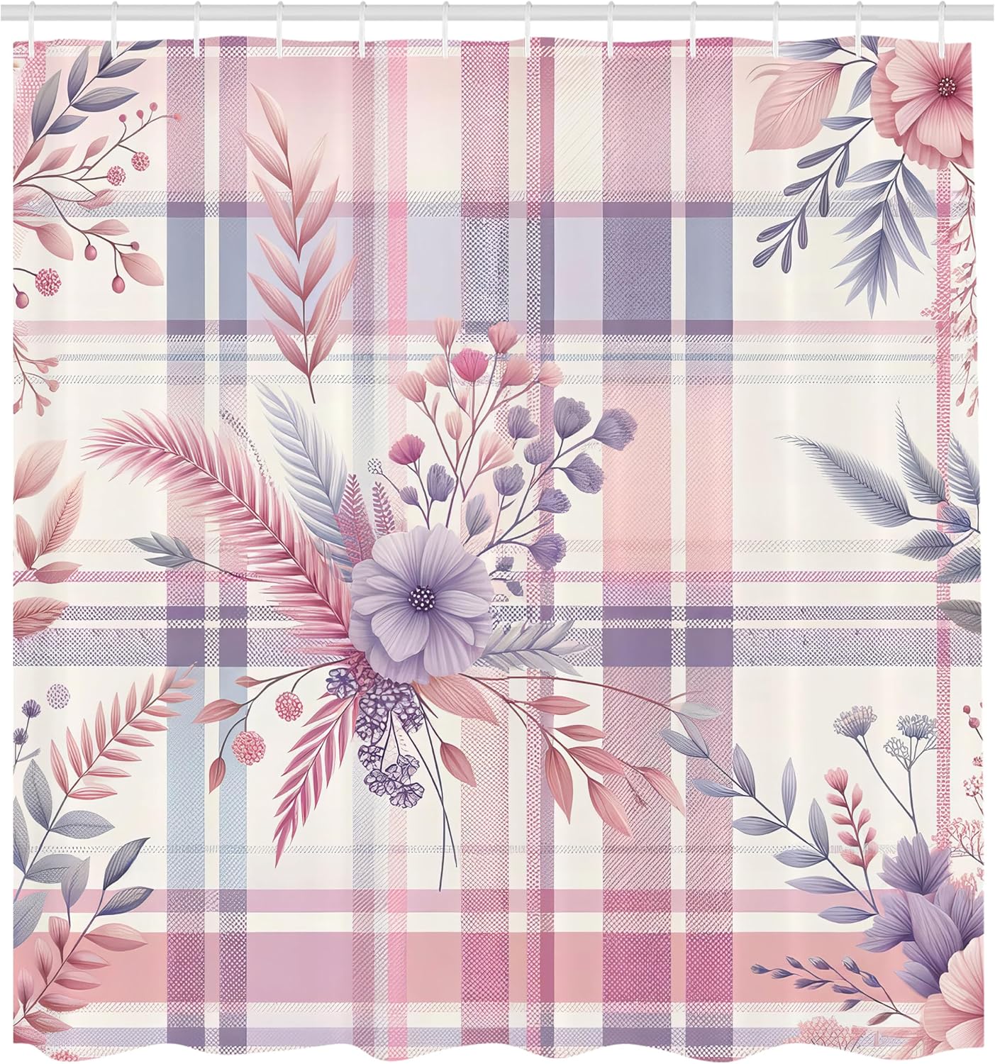 Ambesonne Pastel Plaid Shower Curtain, Vintage Floral Motif in Romantic Soft Colors Nostalgic Tartan Stripes, Cloth Fabric Bathroom Decor Set with Hooks, 69" W x 70" L, Lilac and Pale Pink