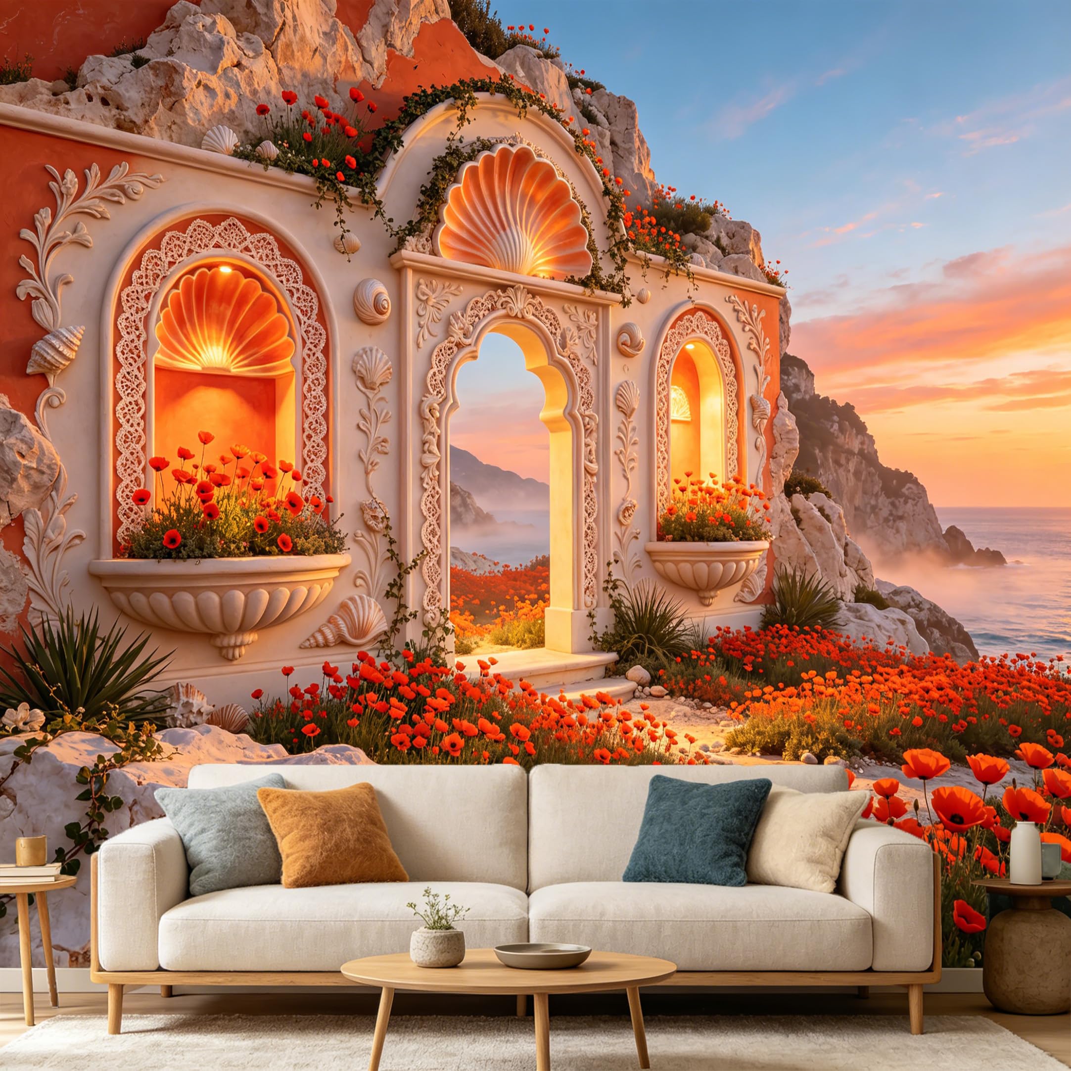 Custom Size Wall Mural， Mediterranean Coastal Sunset Archway Red Floral Landscape， SelfAdhesive Art Prints wall Fabric Removable Large Wallpaper Home Living Room Decor