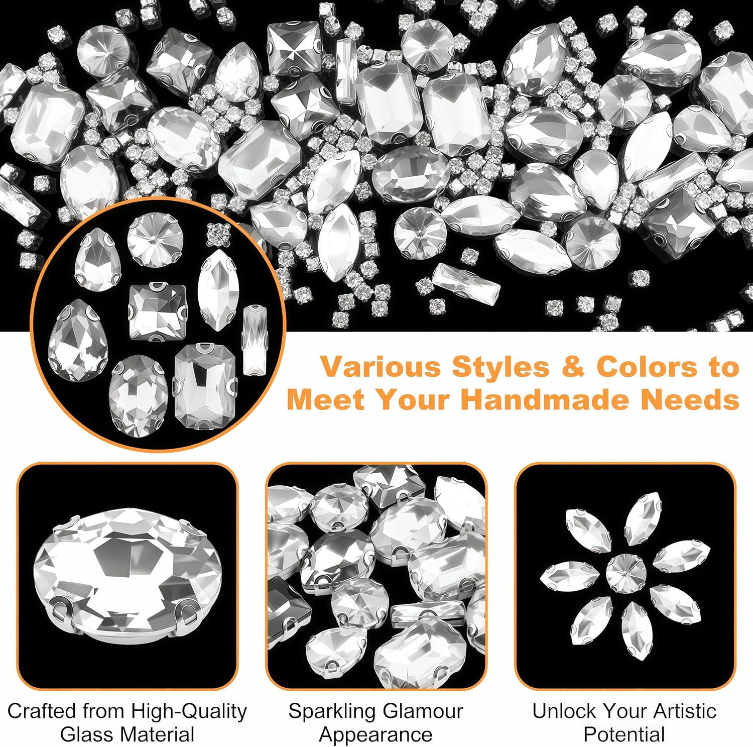 240 PCS White Bedazzling Sew on Rhinestones, Mixed Shape Charms Claw Flatback Glass Rhinestone with Metal Base, Large Sparkling Gems for Crafting Clothes Shoes Hats Bags & Sewing Accessories