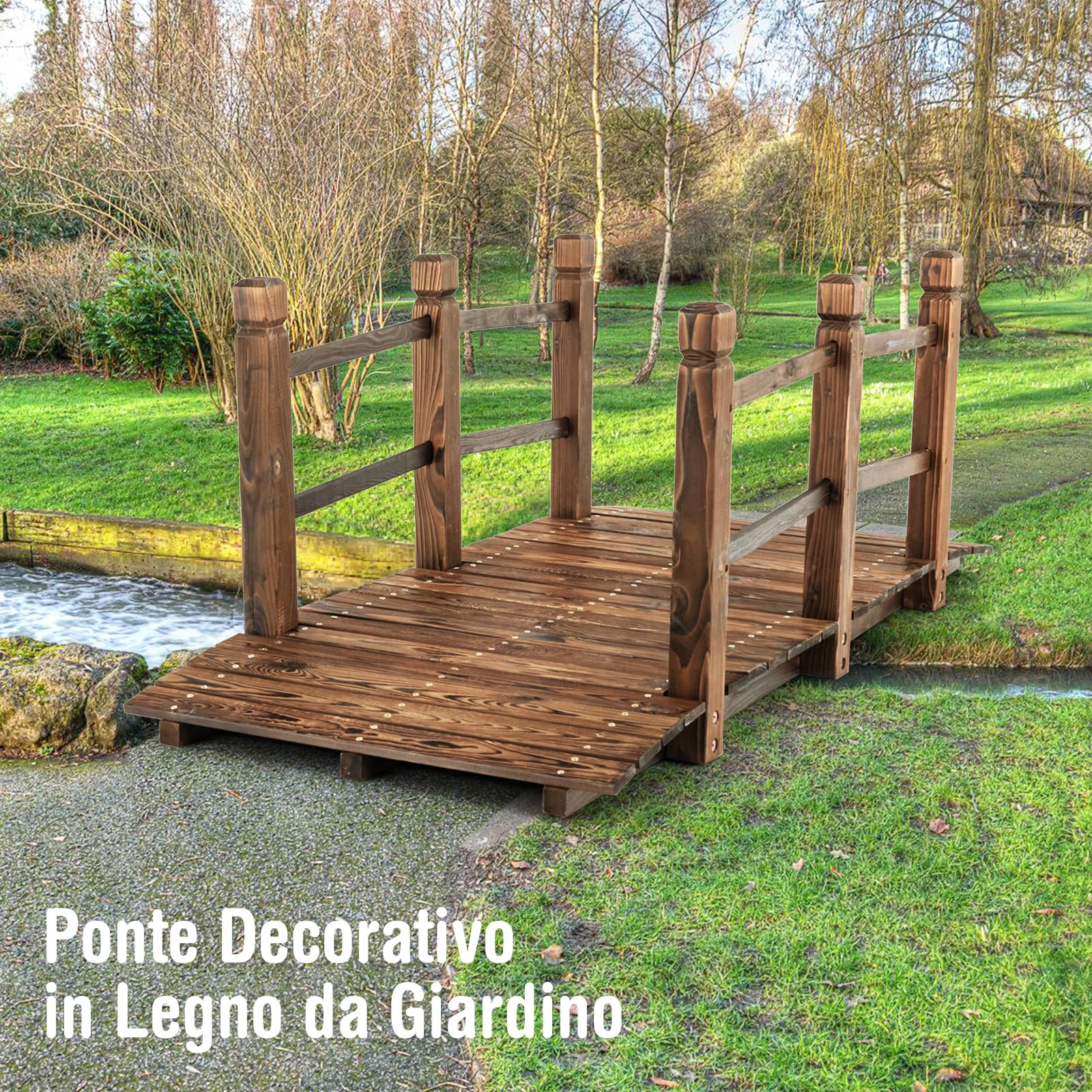 COSTWAY Ponte da Giardino in Legno, Ponte Decorativo ad Arco con Doppie Sbarre di Sicurezza, Struttura in Abete per Percorso Esterno per Cortile, Strada di Ghiaia, Ruscello, Fattoria (Legno)