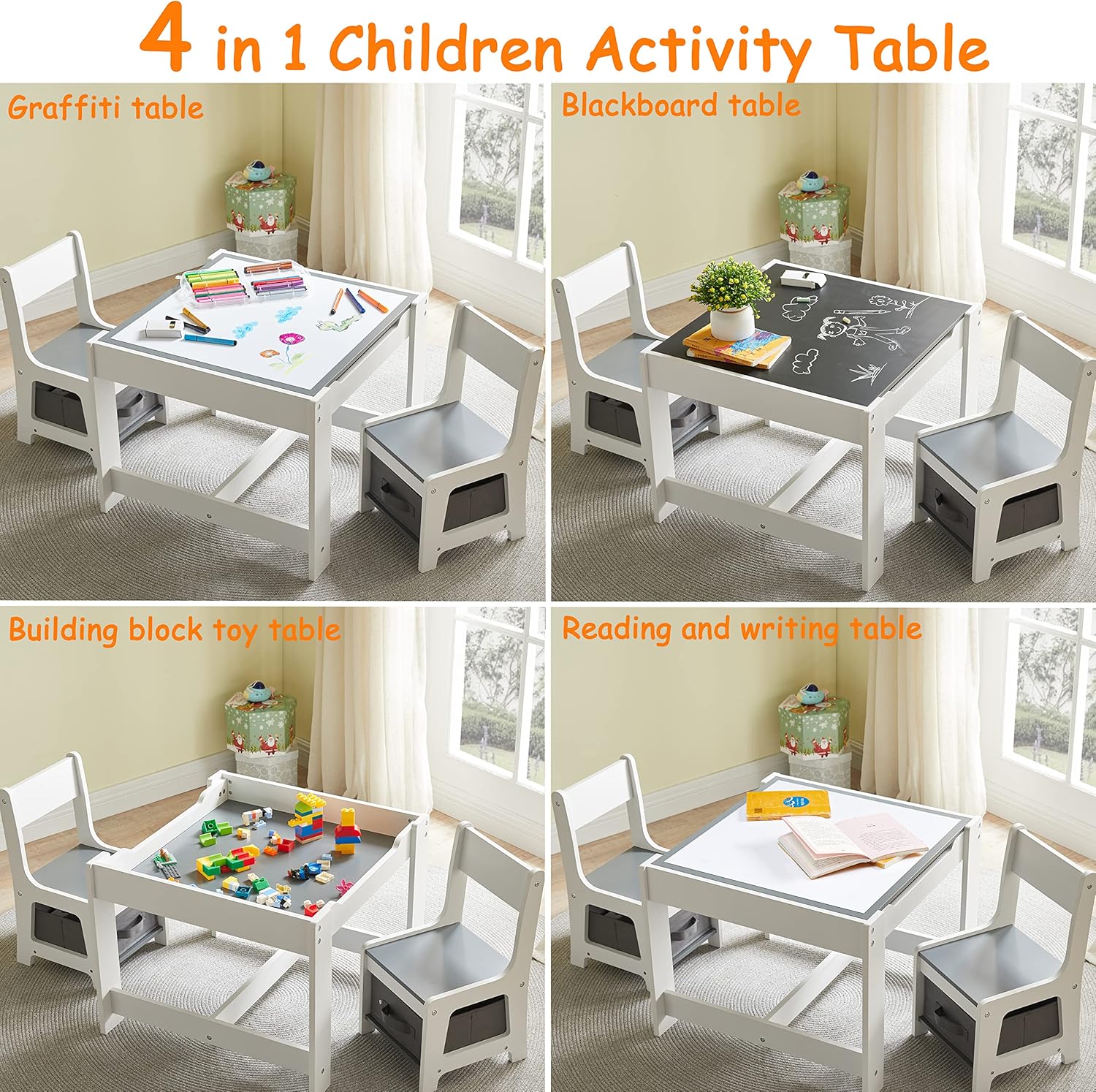 Kids Table and Chair Set, 3 in 1 Wooden Activity Table with Storage Drawer for Toddlers Drawing, Reading, Crafts, 2 in 1 Detachable Tabletop Table Set for Nursery, Playroom (Gray)