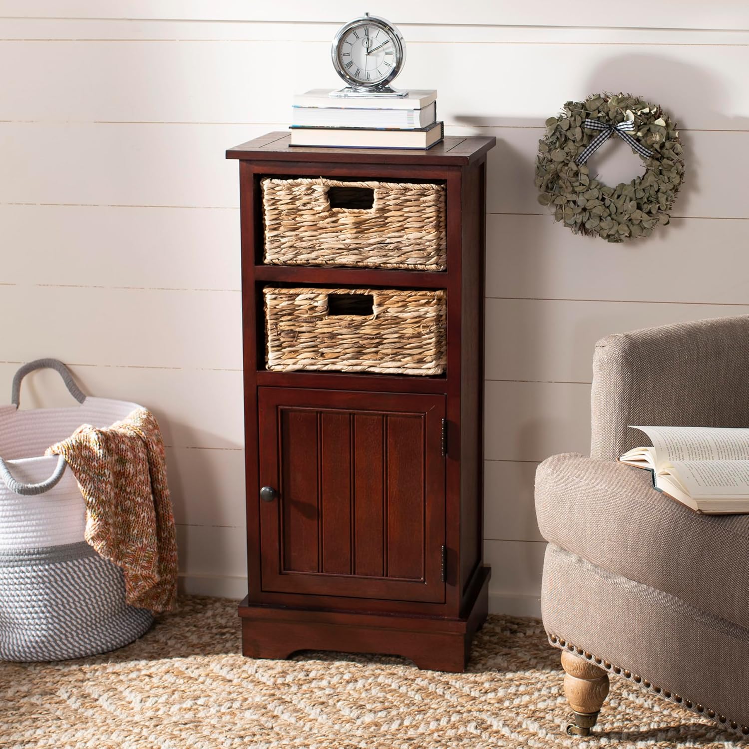 SAFAVIEH Home Collection – Connery Cherry Storage Cabinet with Rattan Baskets & Bottom Door, Farmhouse Accent Storage, Fully Assembled (AMH5742C)