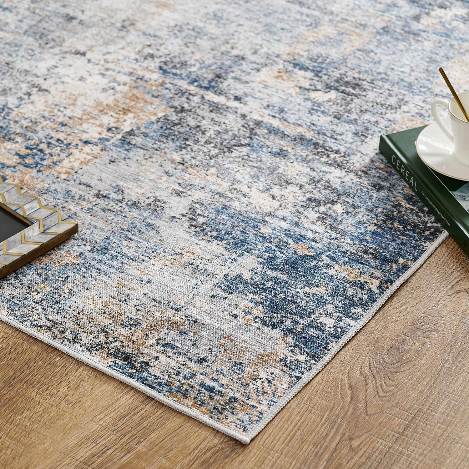 jinchan Area Rug 2x3 Washable Modern Rug Abstract Entryway Doormat Blue Multi Print Overdyed Floor Cover Distressed Contemporary Lightweight Non-Slip Thin Carpet for Kitchen Bathroom Living Room