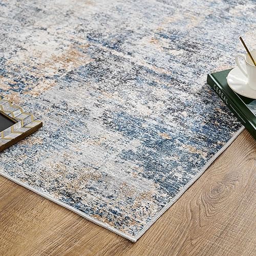 Miniatura 7 de jinchan Alfombra de área de 2 x 3, lavable, moderna, abstracta, azul, con múltiples estampados, delgada, colorida, sobreteñida, envejecida, alfombra