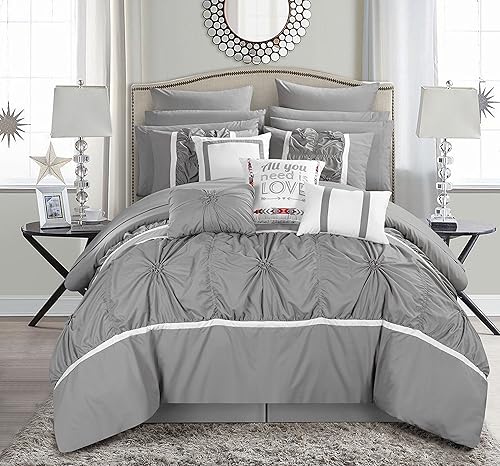 Chic Home Juego de cama con cobertor de 16 unidades Ashville floral con volados plisados cama en una bolsa color gris Plateado King