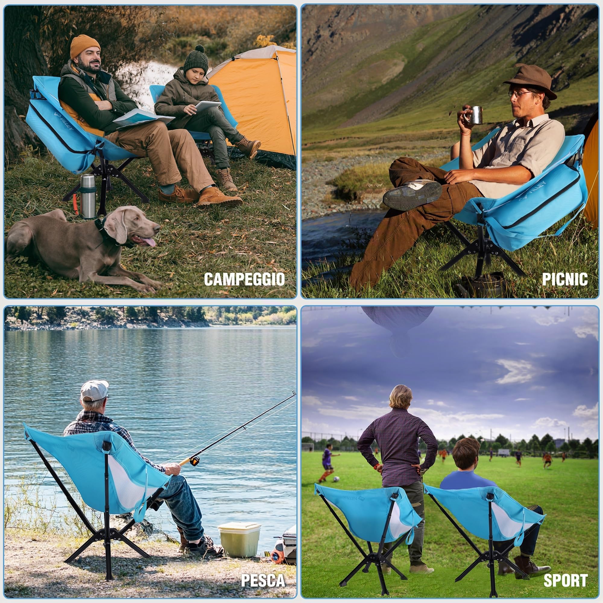 VILLEY Sedia da Campeggio Pieghevole Leggera e Portatile Blu, 150 kg di Capacità, con Borsa per il Trasporto – per Campeggio, Viaggi, Picnic, Festival, Escursionismo
