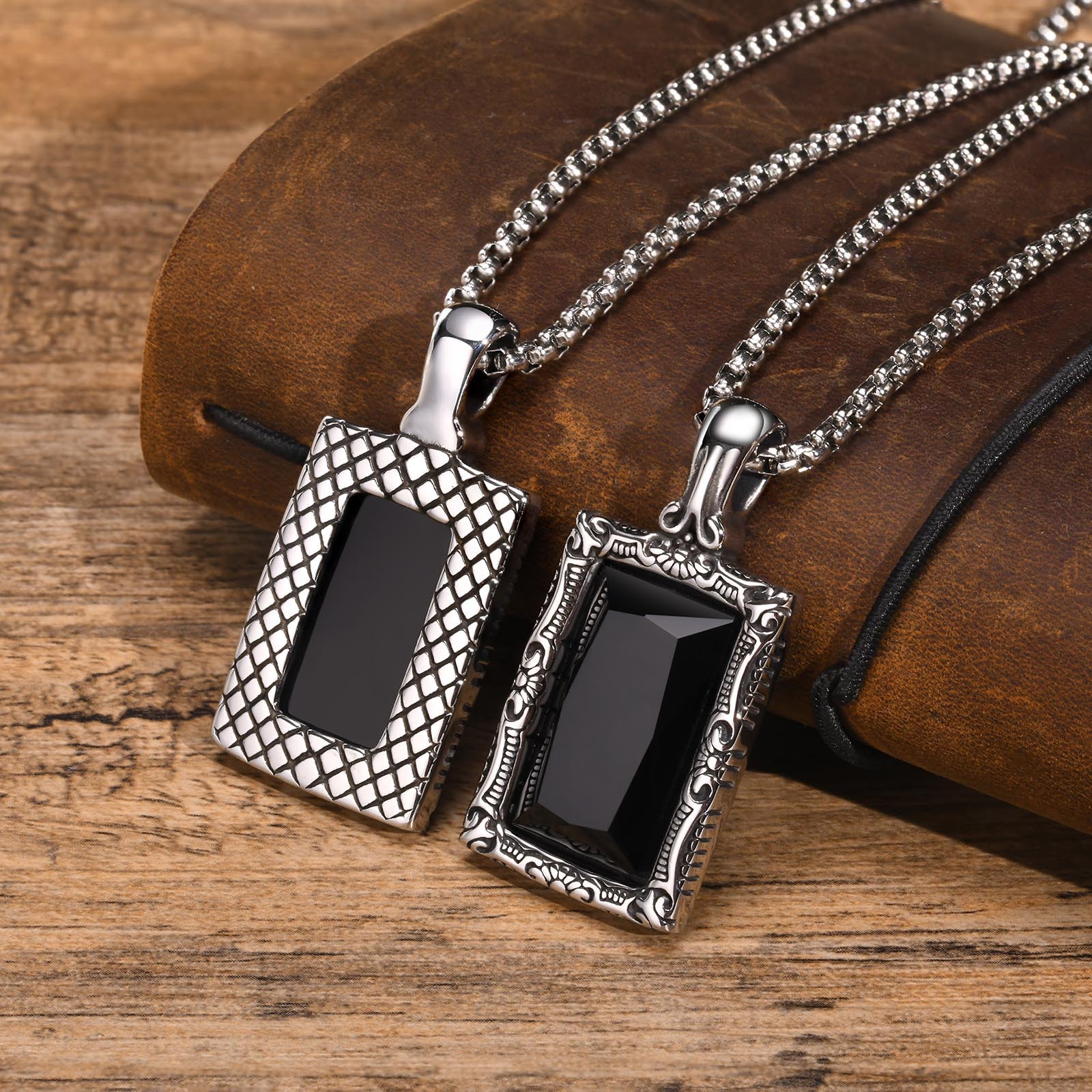 YWMAN Gothic Black Onyx Square Necklace, Rectangle Black Stone