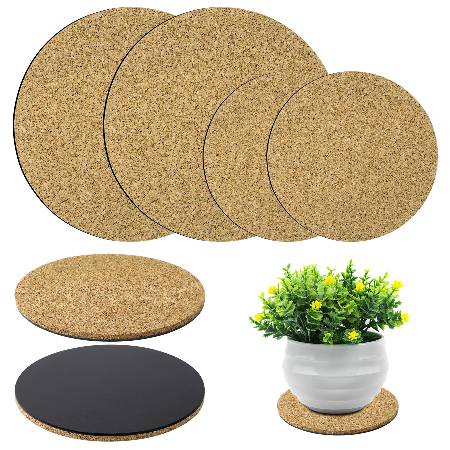 4 Pieces Cork Plant Mats Round Cork Plant Coasters for Garden Pots, DIY Craft Project (4 Inches,6 Inches)