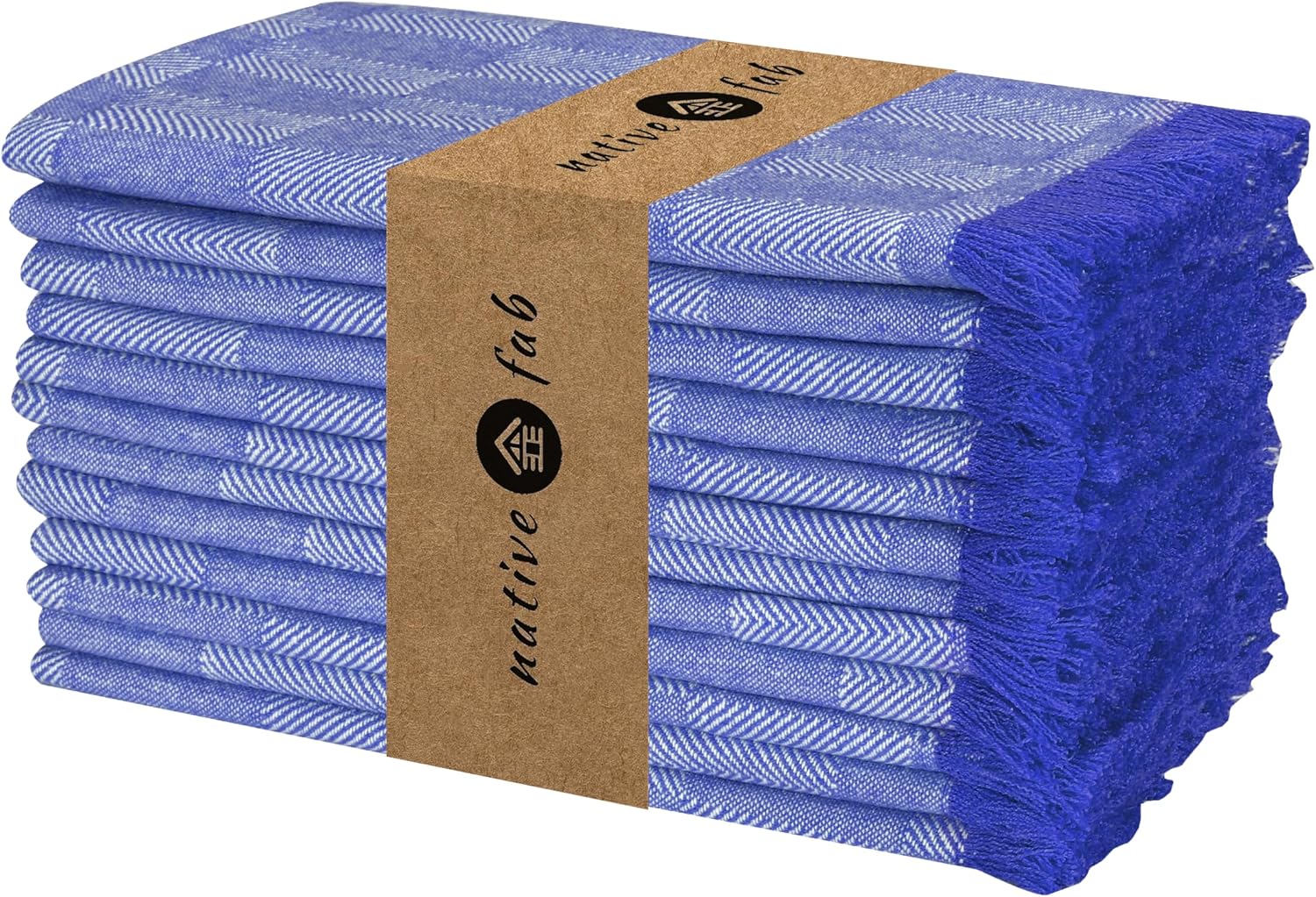 Native Fab Herringbone Cloth Napkins 16x16 inches, 100% Cotton Dinner Napkins with Fringes, Set of 12, Decorative Frayed Edges, Washable Table Linen Napkins, Soft Breathable Absorbent, Ink Blue