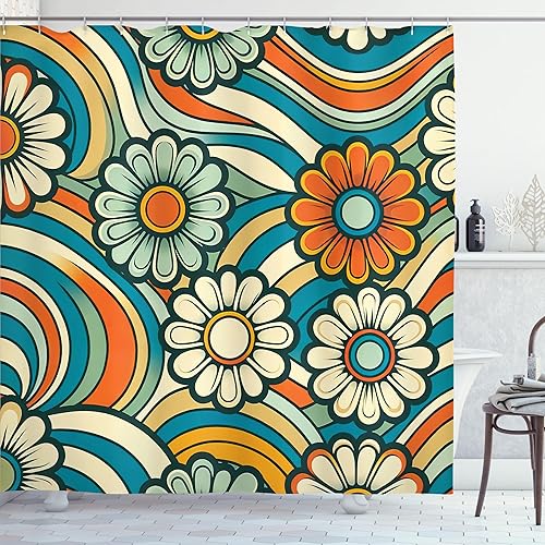 Miniatura 3 de Ambesonne Cortina de ducha hippie, flores de aspecto de margaritas en estilo abstracto Groovy Waves Retro 60s 70s, juego de decoración de baño de