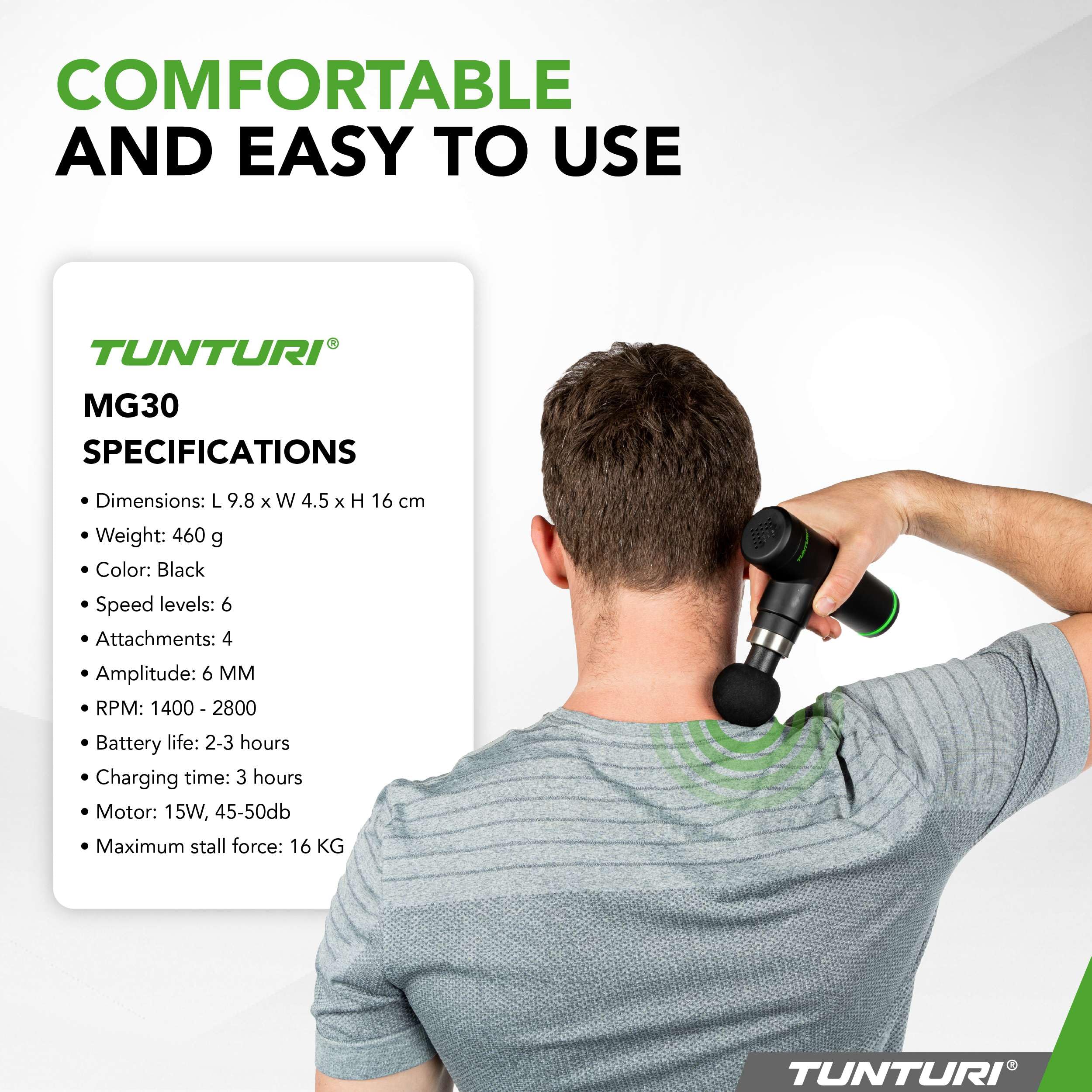 Tunturi Massage Gun Mini - Appareil de massage - Pistolet de massage - Rechargeable - 4 accessoires et étui inclus