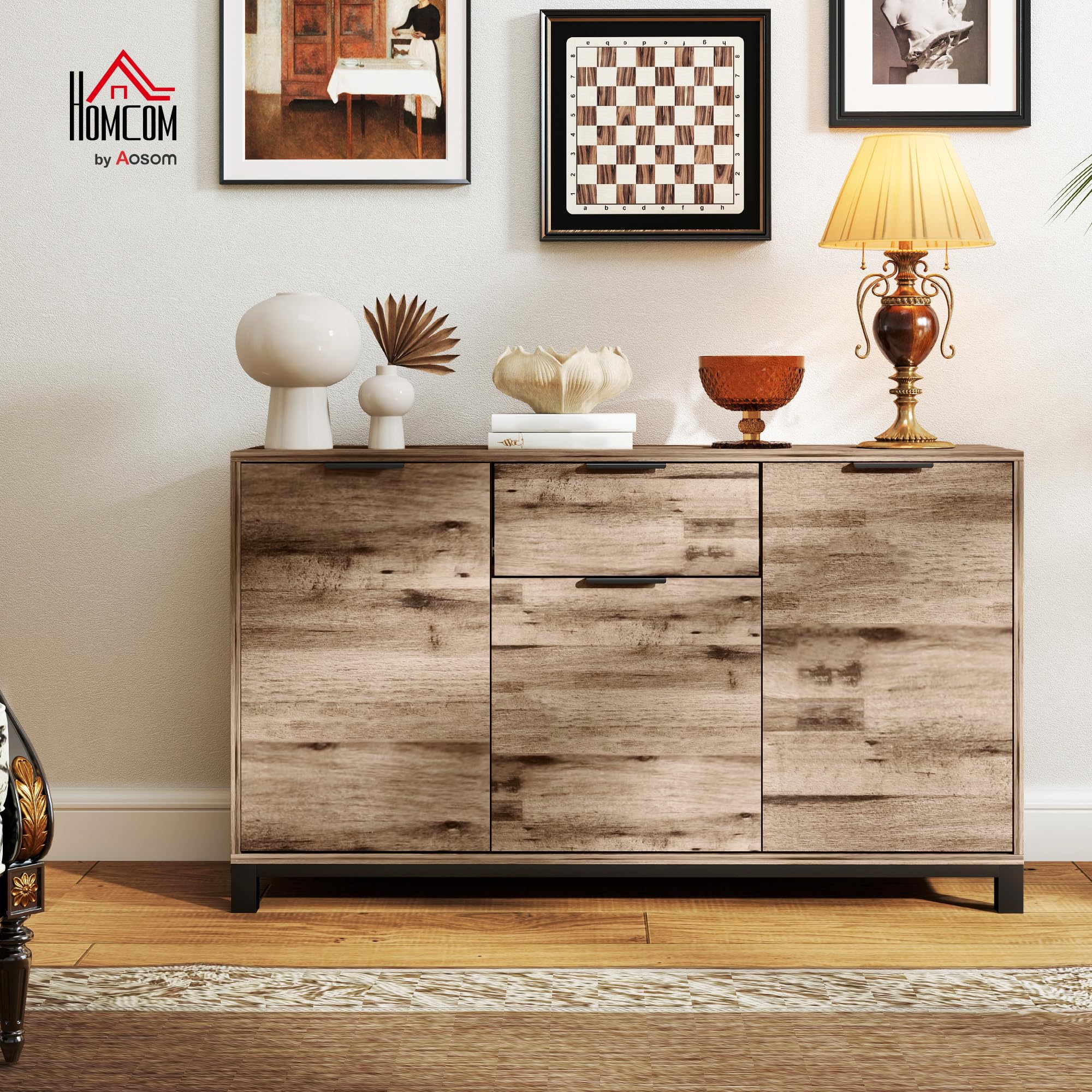 HOMCOM Mobile Soggiorno Madia, 3 Armadietti, 120x36.5x70 cm, Marrone | Credenza Soggiorno, Cassetto, Ripiani Regolabili, Gambe in Acciaio in Stile Industriale, Sala da Pranzo, Cucina
