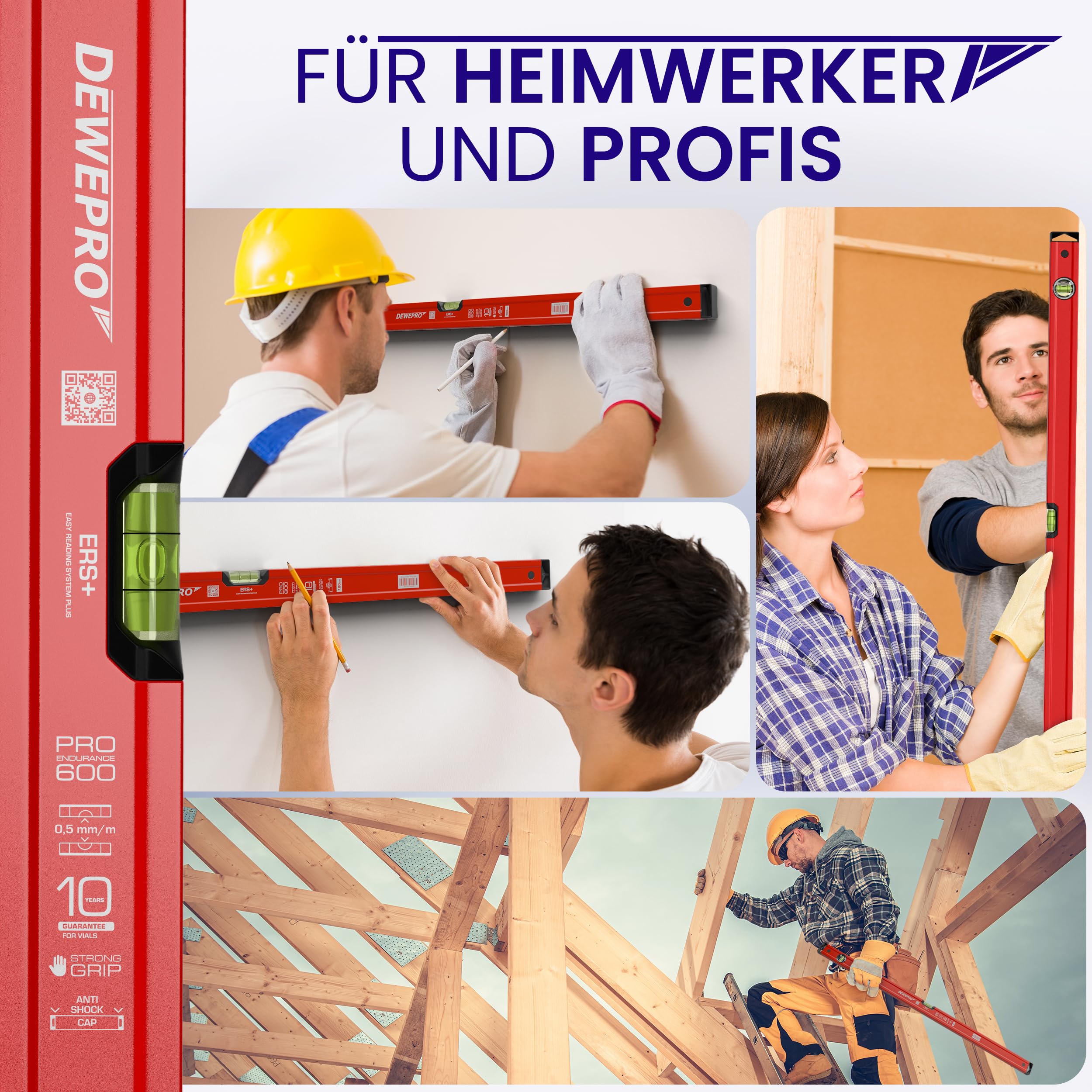 DEWEPRO Profi Wasserwaage Aluminium Rot 200 cm - Messgenauigkeit 0,5 mm/m | Robuste Alu-Wasserwaage mit 2 Blocklibellen, 49 x 22 mm Profil und schlagfesten Endkappen für exaktes Ausrichten.