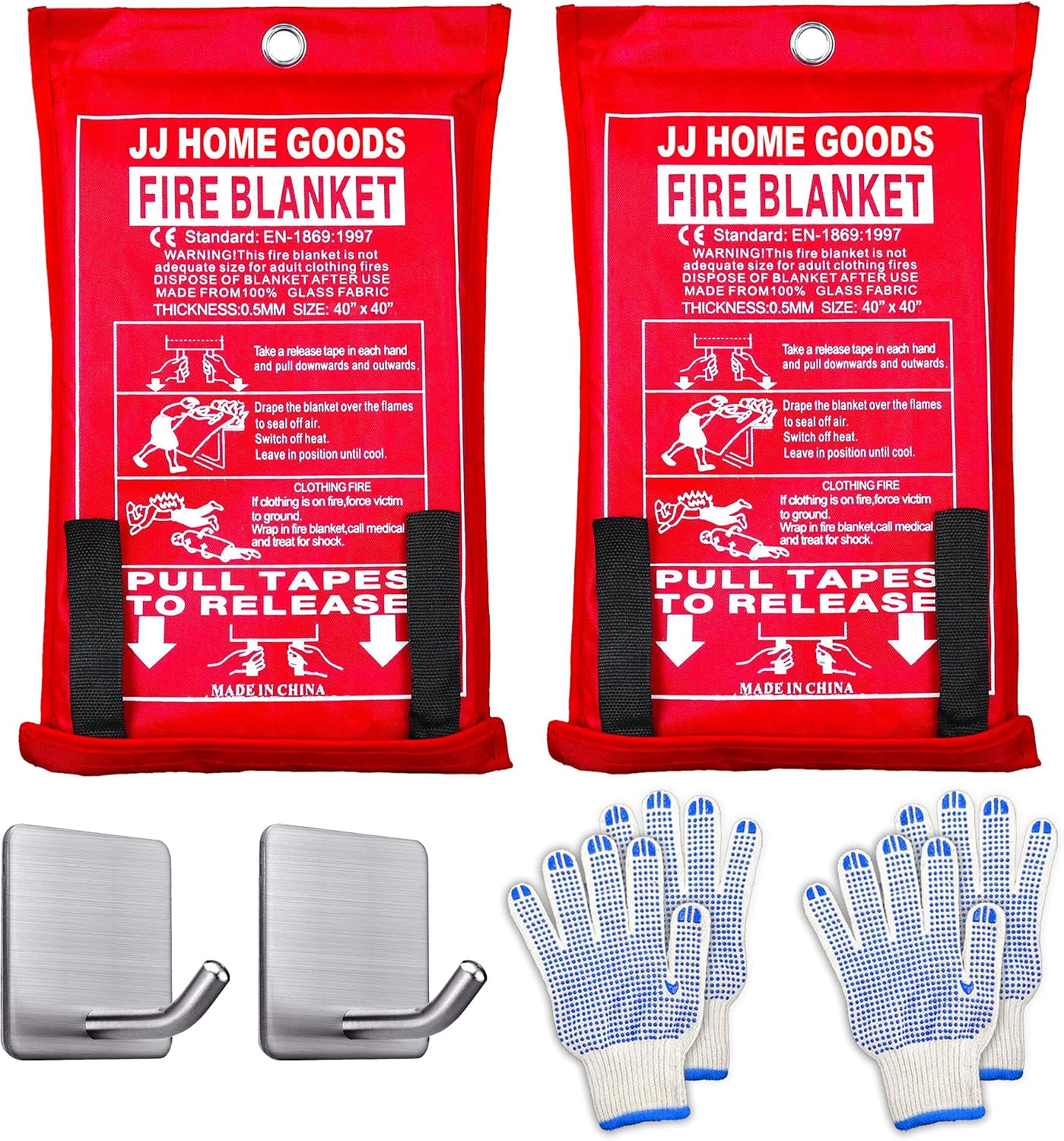 JJ CARE Fire Blanket [2 Packs 40"x40" + Hooks & Gloves] - Suppression Flame Retardant Emergency Fire Blanket for Camping, Grill, Kitchen, Home, Car, School, Office, Warehouse