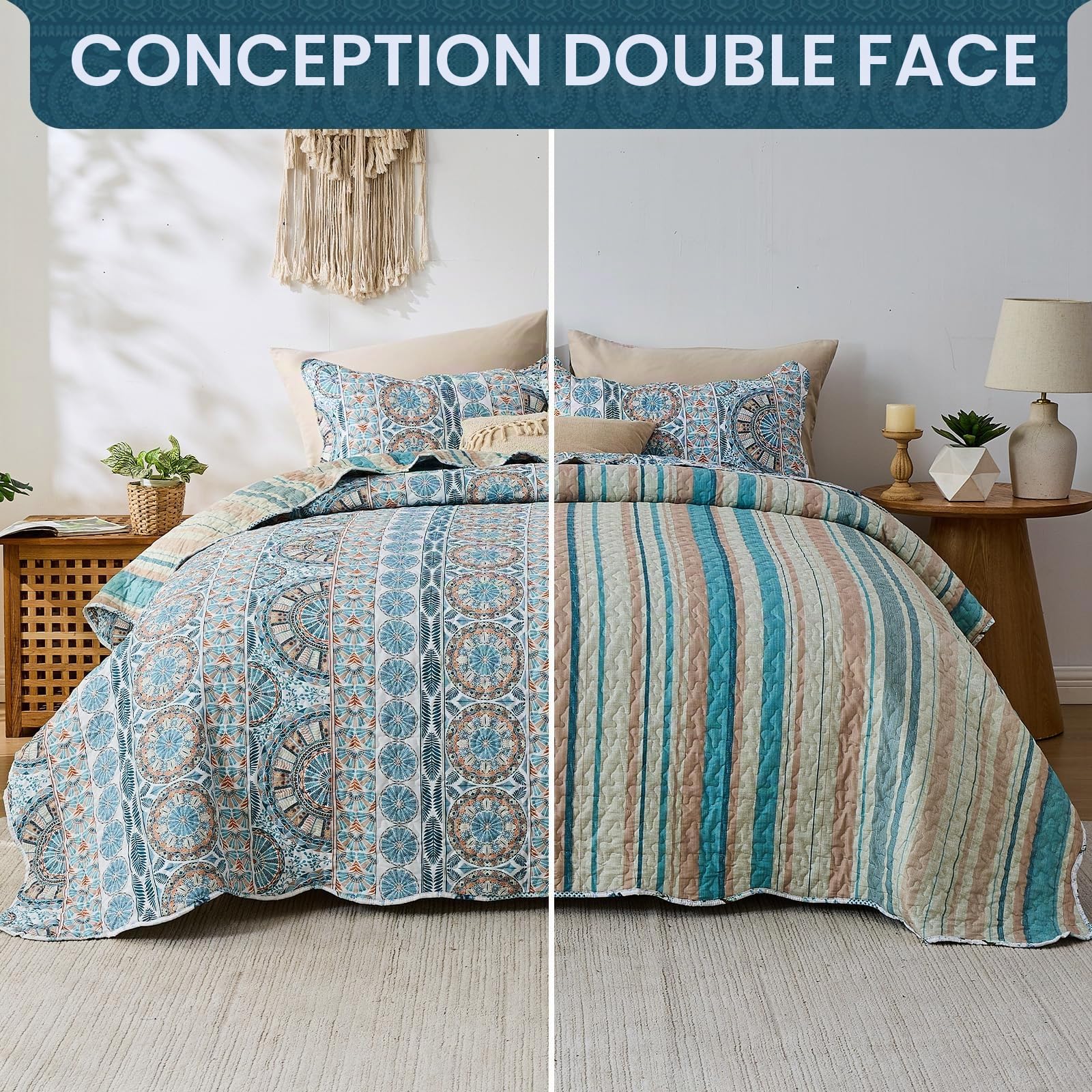 Qucover Couvre Lit Bohème pour 2 Personnes 240x260 cm - Design Réversible avec Motifs Ethniques Géométriques, Dessus de Lit Bleu Idéal pour la Décoration Intérieure avec 2 Taies d'oreiller 50x75 cm