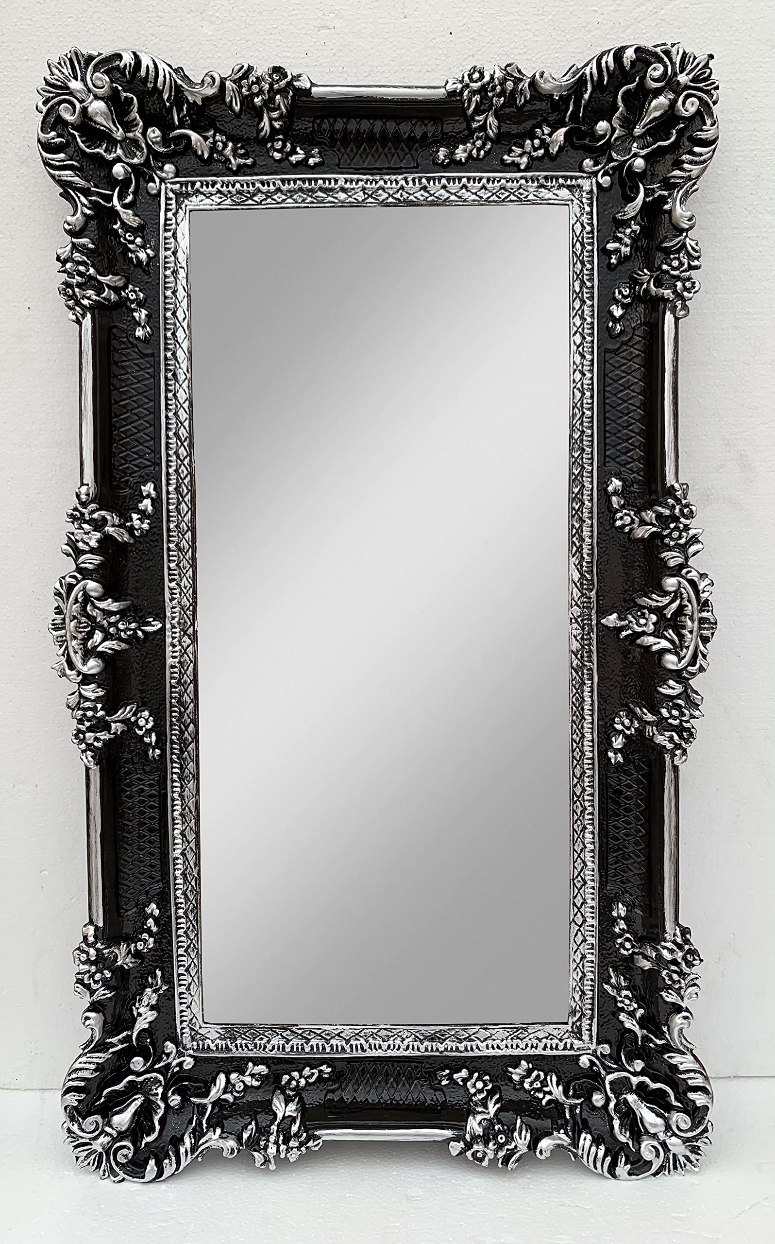 Lustro ścienne, barokowe, antyczne, czarno-srebrne, 97 x 57 cm, do korytarza, prostokątne, do salonu fryzjerskiego, dekoracja ścienna z Włoch